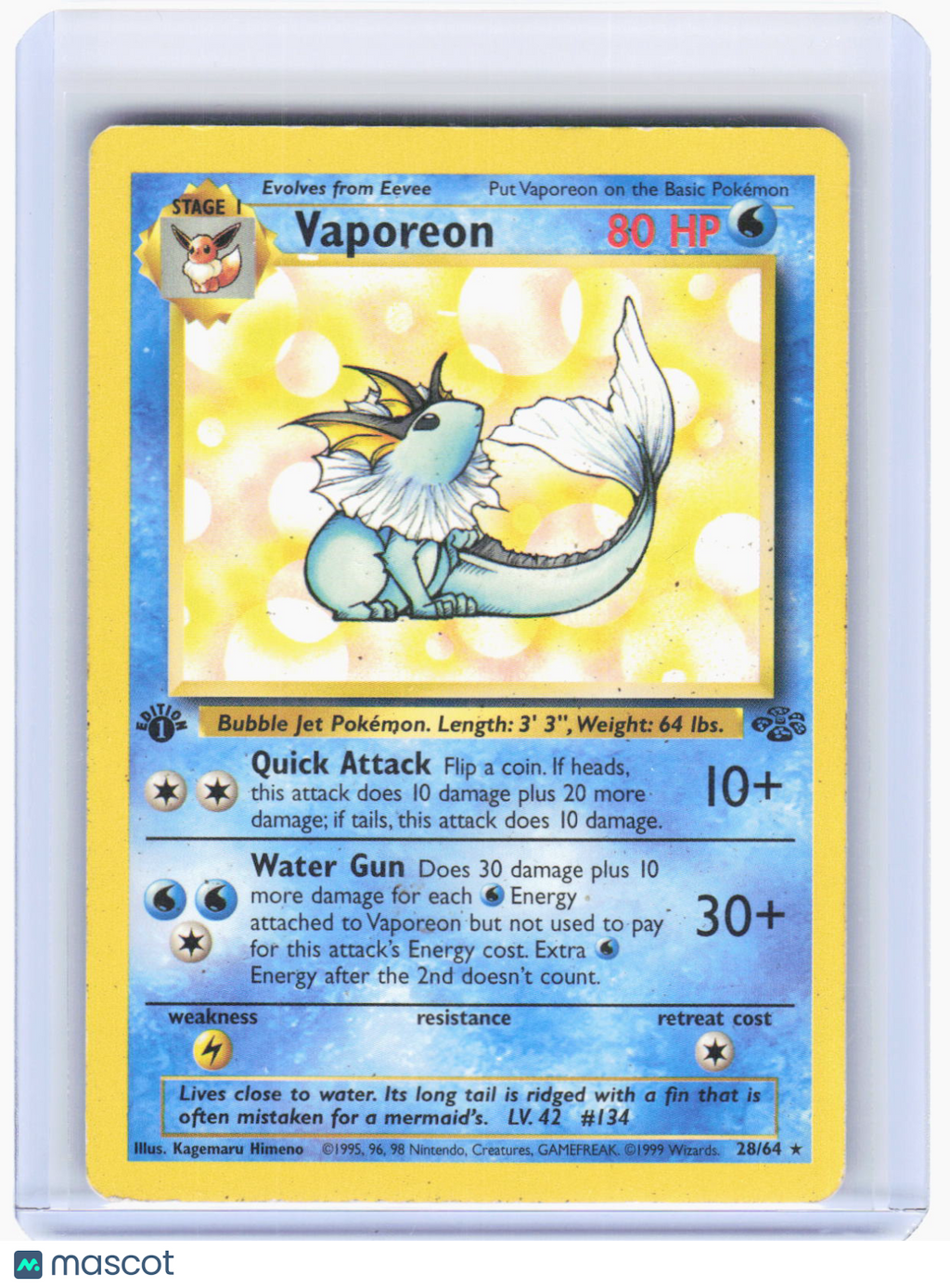 1999 Pokemon—Vaporeon #12/64 Jungle—Rare Non-Foil (Damaged) 1st Edition