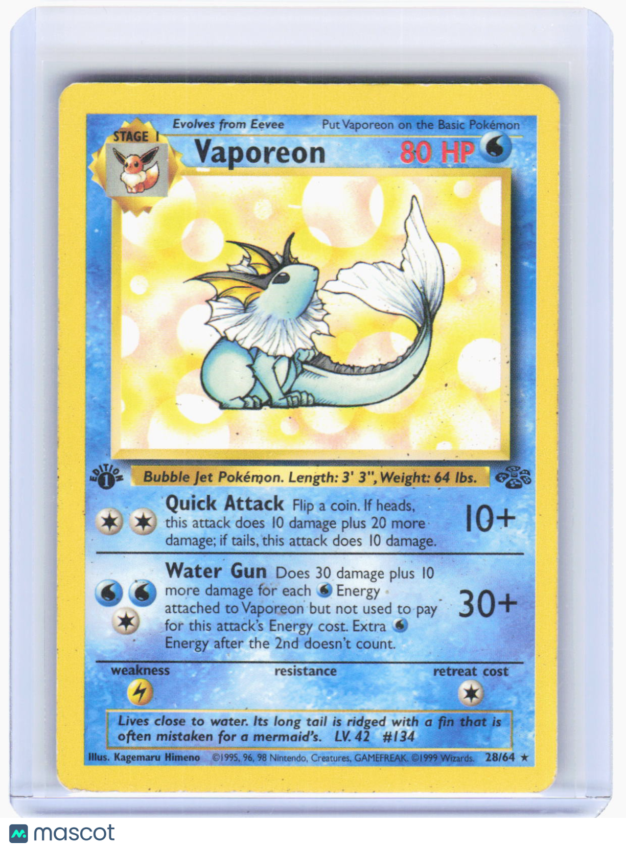1999 Pokemon—Vaporeon #12/64 Jungle—Rare Non-Foil (Damaged) 1st Edition