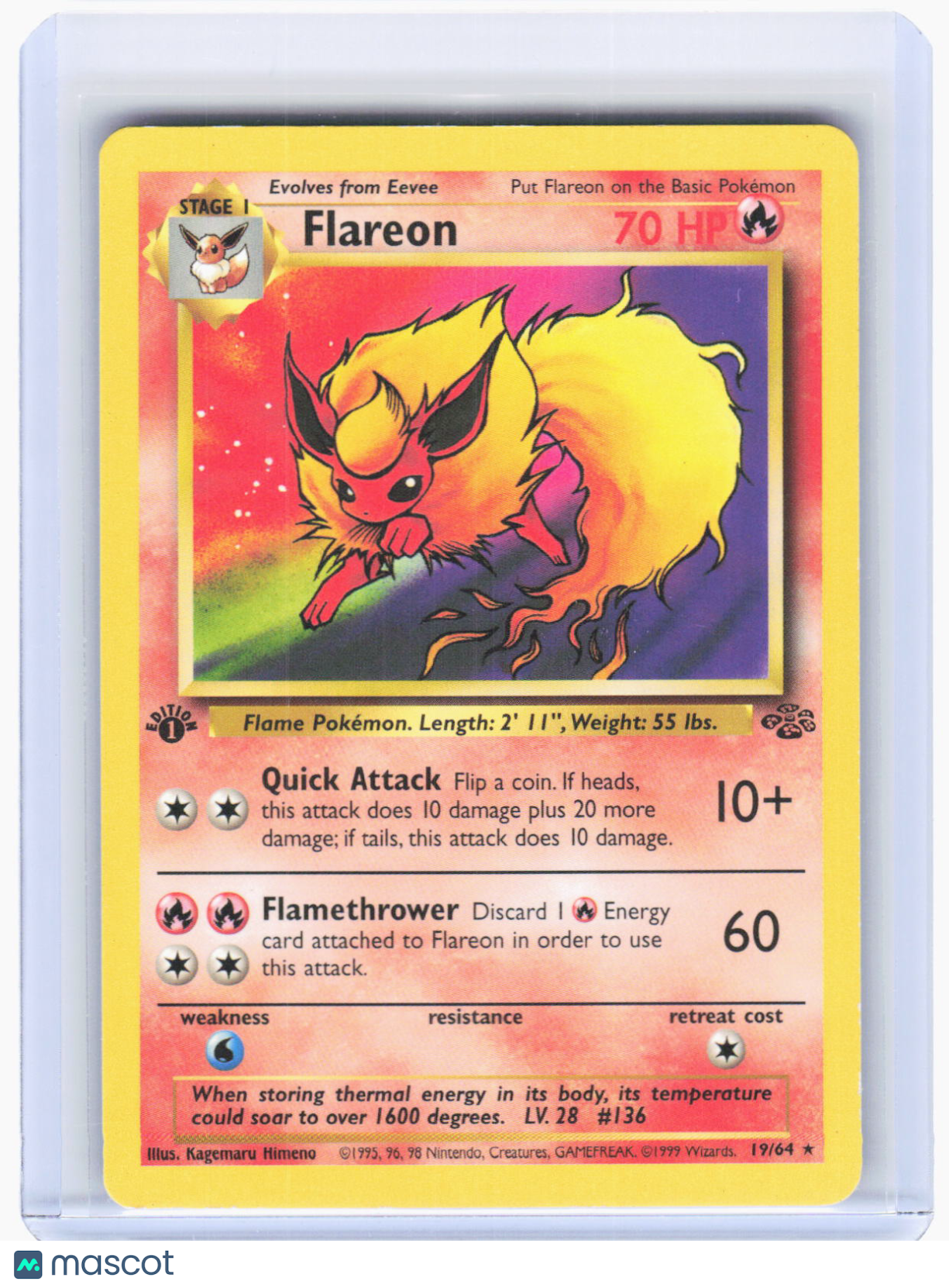 1999 Pokemon—Flareon #19/64 Jungle—Rare Non-Foil (Moderately Played) 1st Edition
