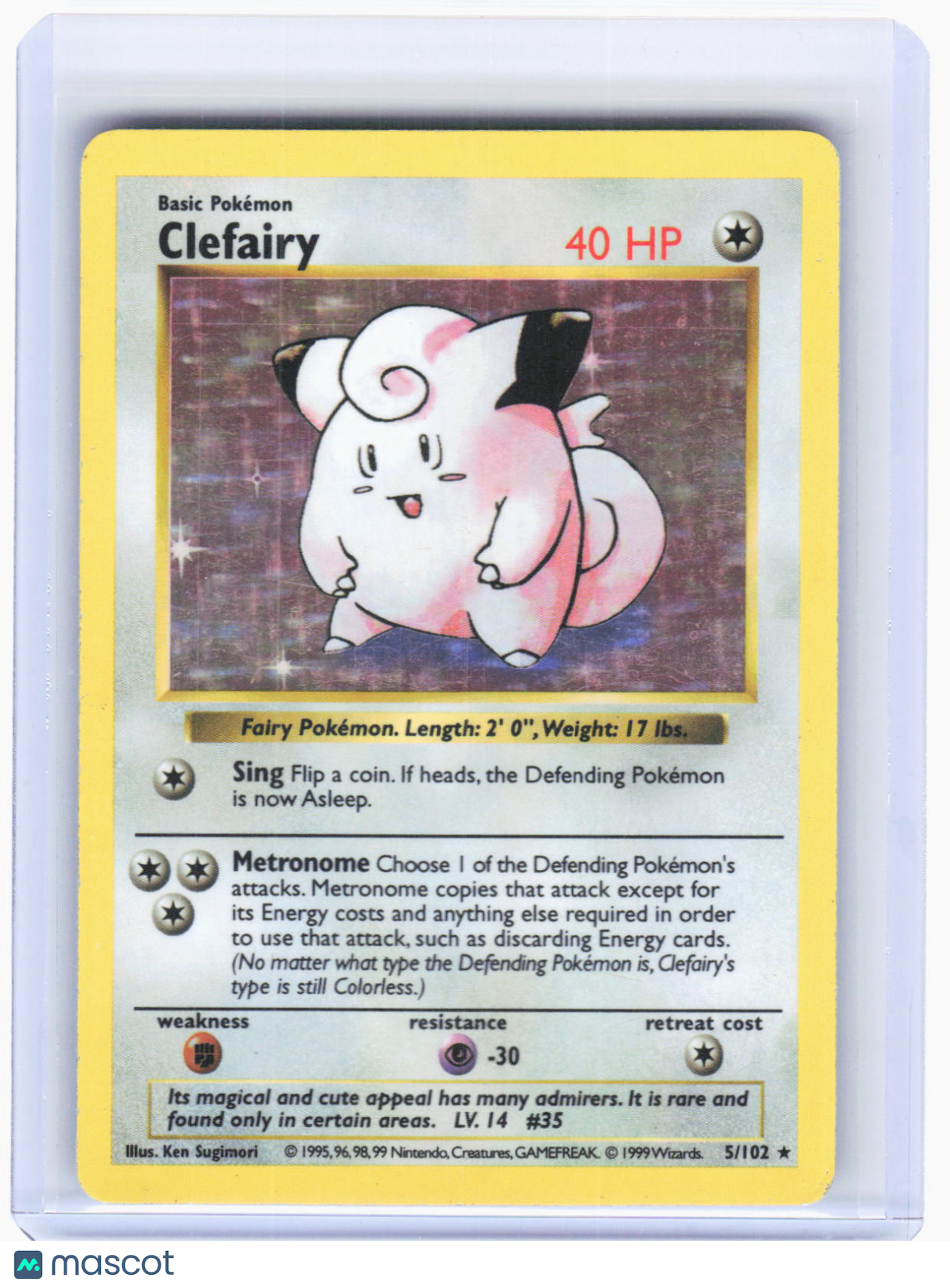 1999 Pokemon—Clefairy #5/102 Base Set (Shadowless)—Holo Rare Holo (Damaged)