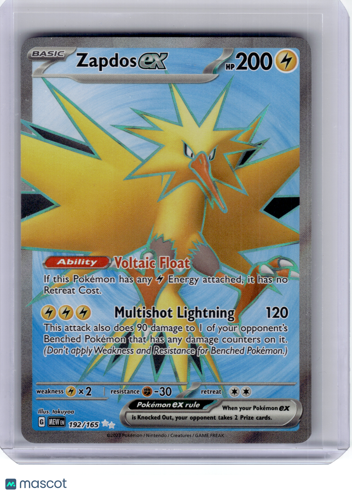 2023 Pokemon—Zapdos EX #192 Scarlet & Violet 151—Ultra Rare Holo