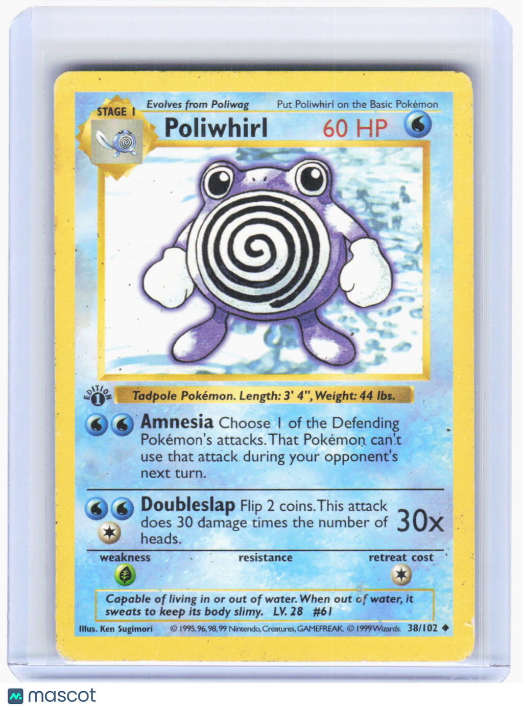 1999 Pokemon—Poliwhirl #38/102 Base Set (Shadowless)—UC Non-Foil (DMG) 1st Ed