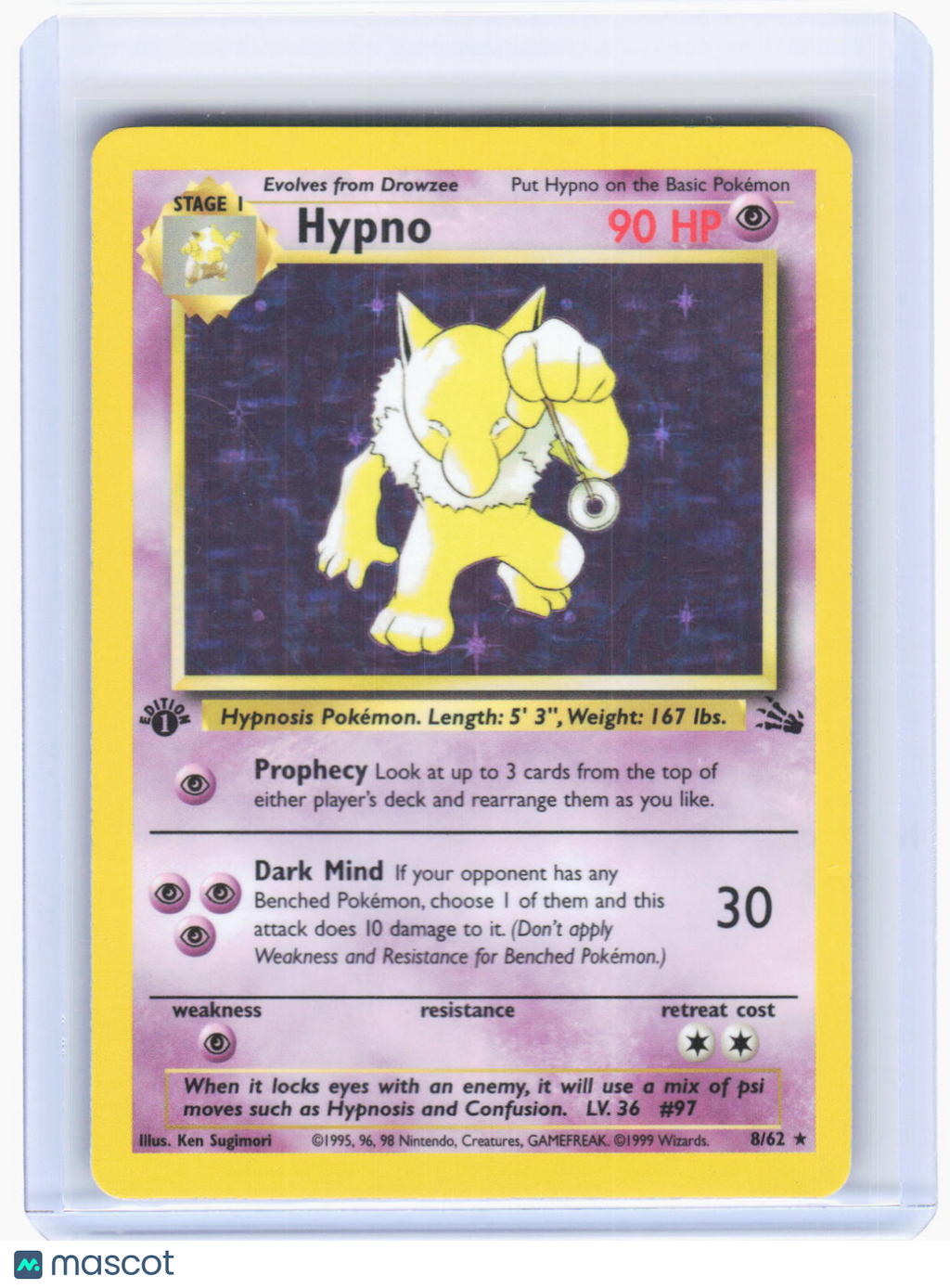 1999 Pokemon—Hypno #8/62 Fossil—Holo Rare (Damaged) 1st Edition