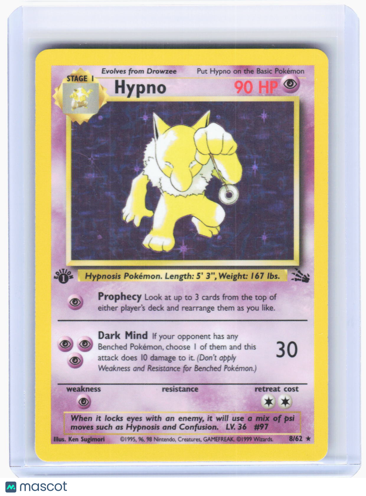 1999 Pokemon—Hypno #8/62 Fossil—Holo Rare (Damaged) 1st Edition