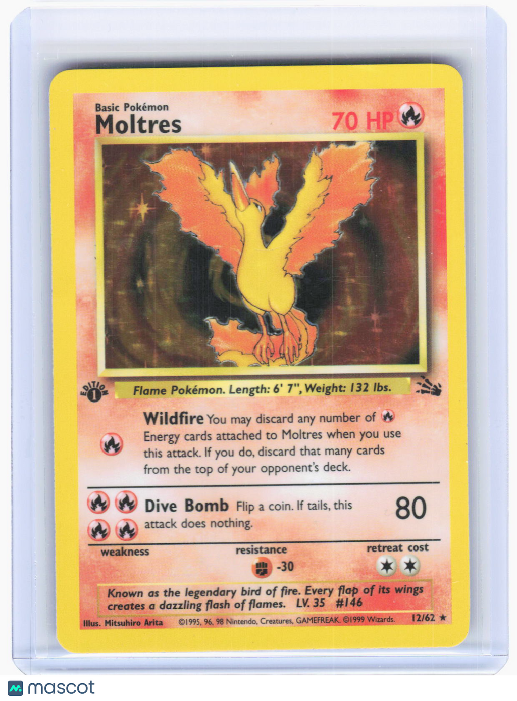 1999 Pokemon—Moltres #12/62 Fossil—Holo Rare Holo (Damaged) 1st Edition
