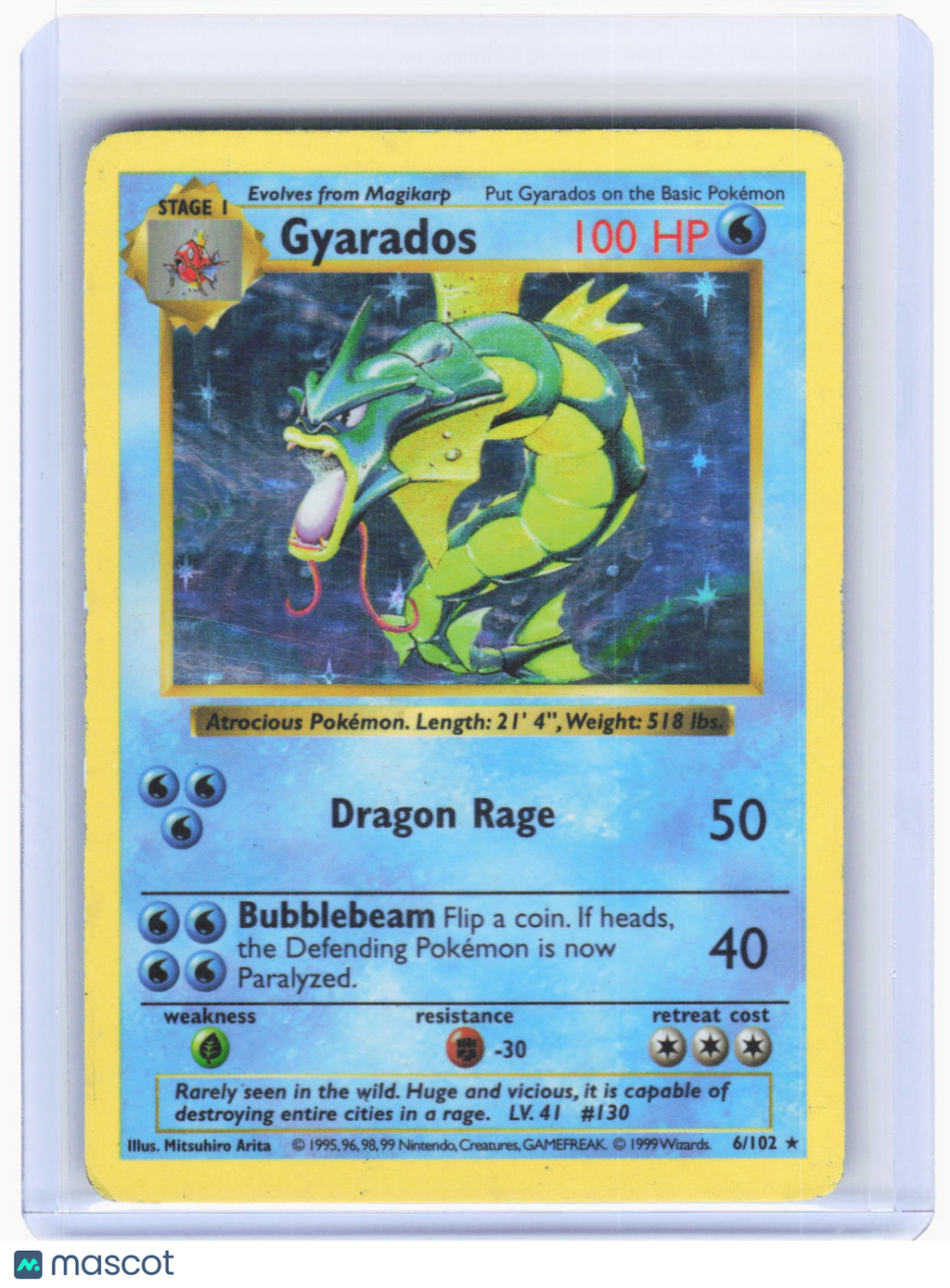 1999 Pokemon—Gyarados #6/102 Base Set (Shadowless)—Holo Rare (Damaged)