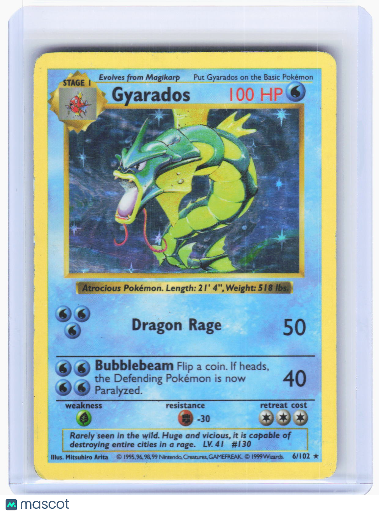 1999 Pokemon—Gyarados #6/102 Base Set (Shadowless)—Holo Rare (Damaged)