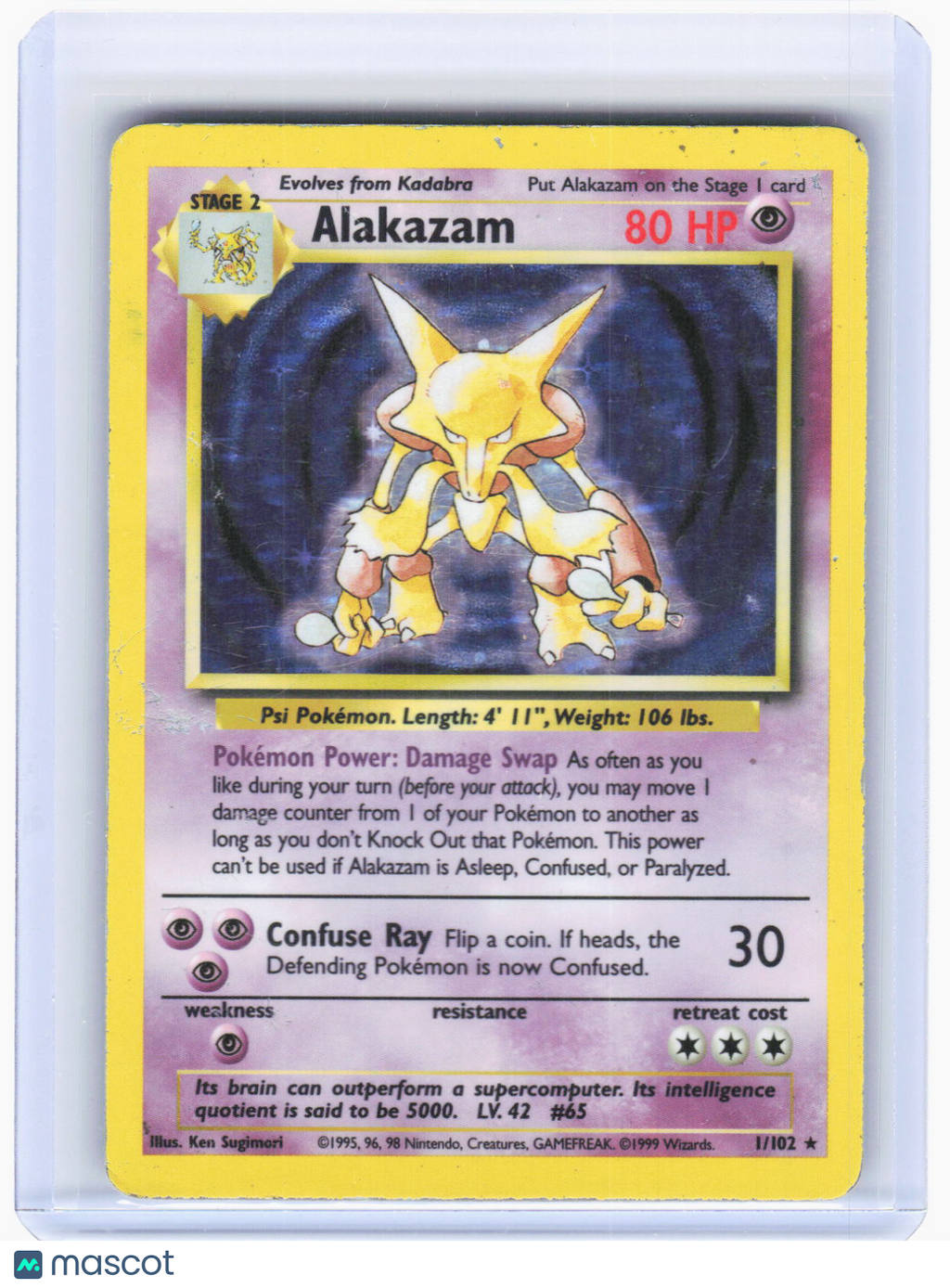 1999 Pokemon—Alakazam #1/102 Base Set—Holo Rare (DMG)
