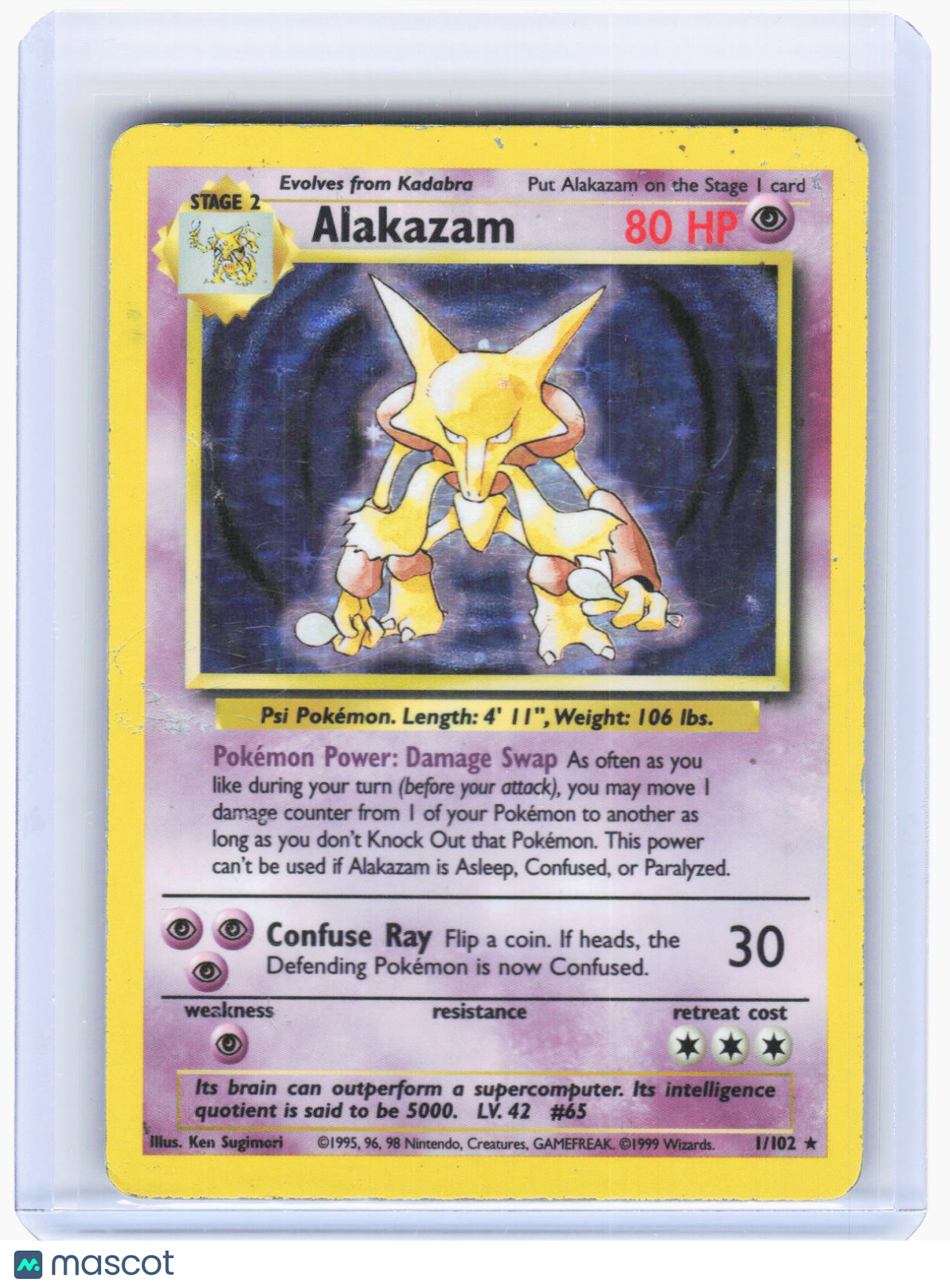 1999 Pokemon—Alakazam #1/102 Base Set—Holo Rare (DMG)