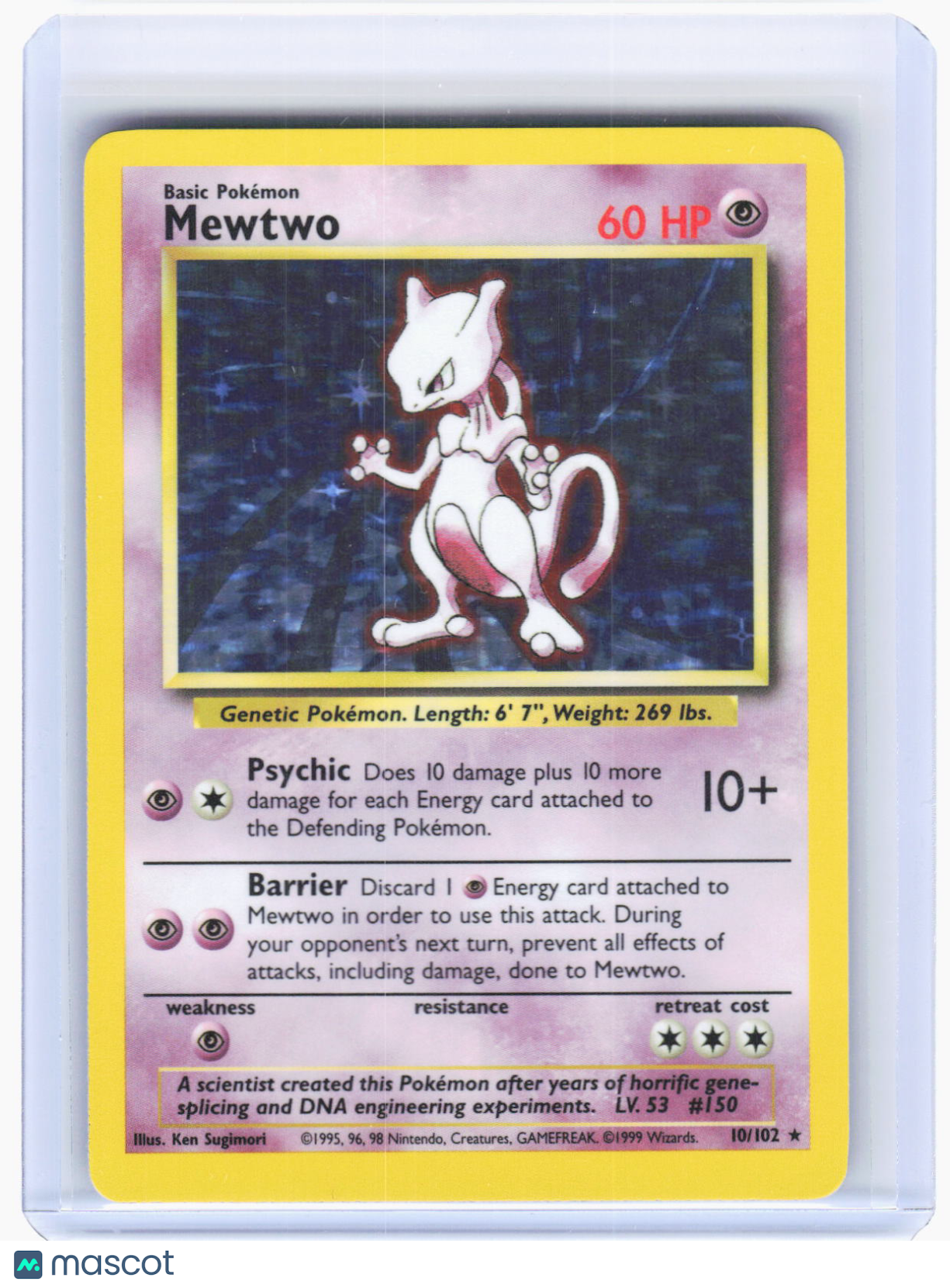 1999 Pokemon—Mewtwo #10/102 Base Set—Holo Rare Holo (Moderately Played)