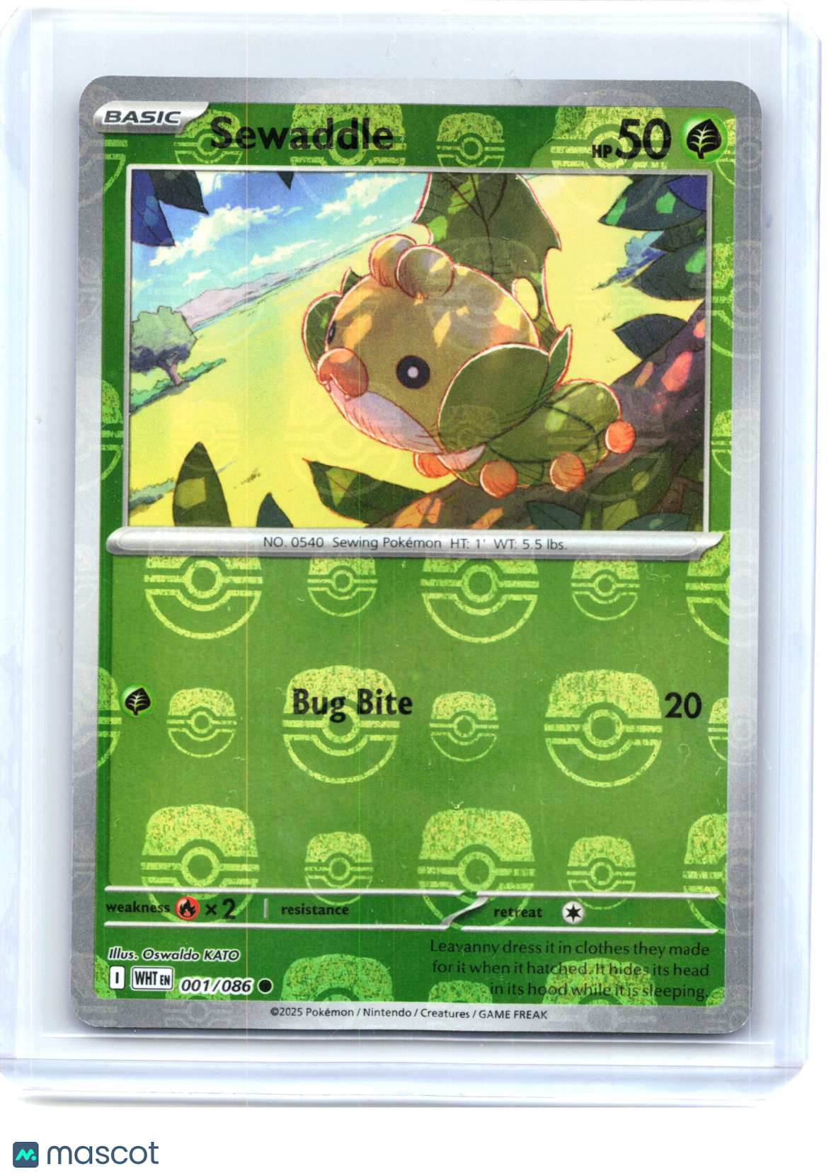 2025 Pokemon—Sewaddle #001/086 White Flare—Common Holo (Master Ball Pattern)