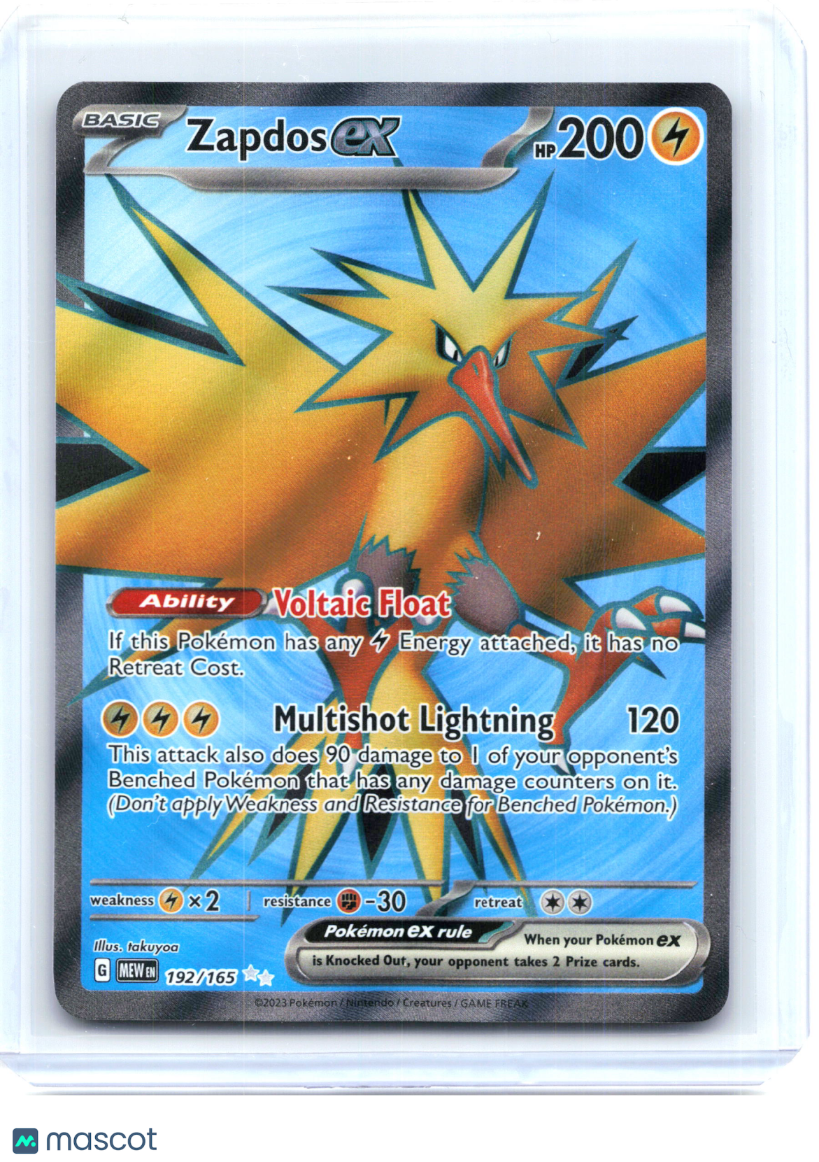 2023 Pokemon—Zapdos ex #192/165 Scarlet & Violet 151—Ultra Rare Holo
