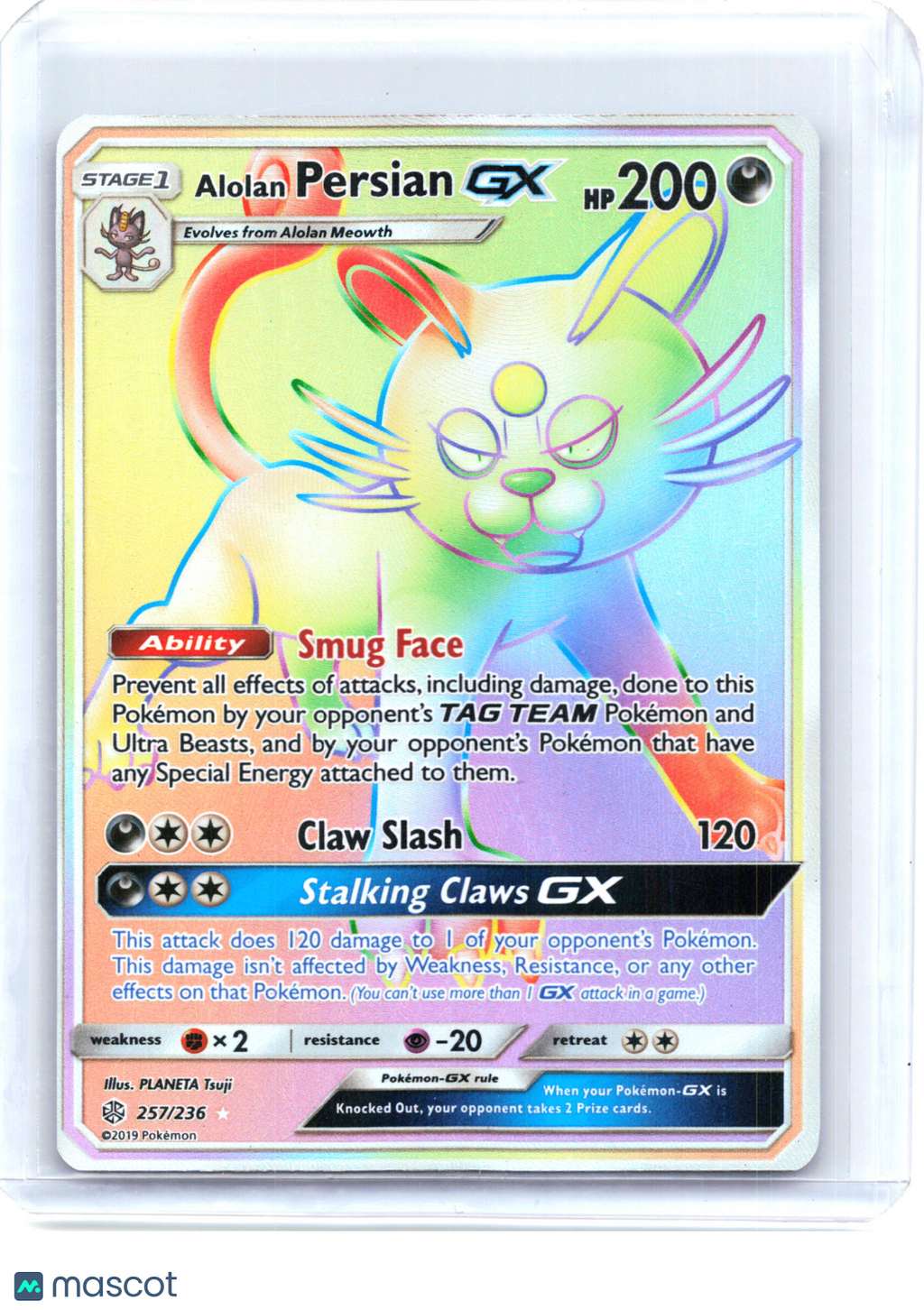 2019 Pokemon—Alolan Persian GX #257/236 Cosmic Eclipse—Rainbow Rare Holo