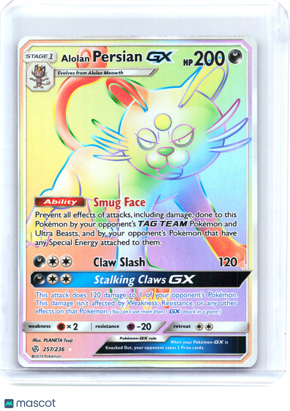 2019 Pokemon—Alolan Persian GX #257/236 Cosmic Eclipse—Rainbow Rare Holo