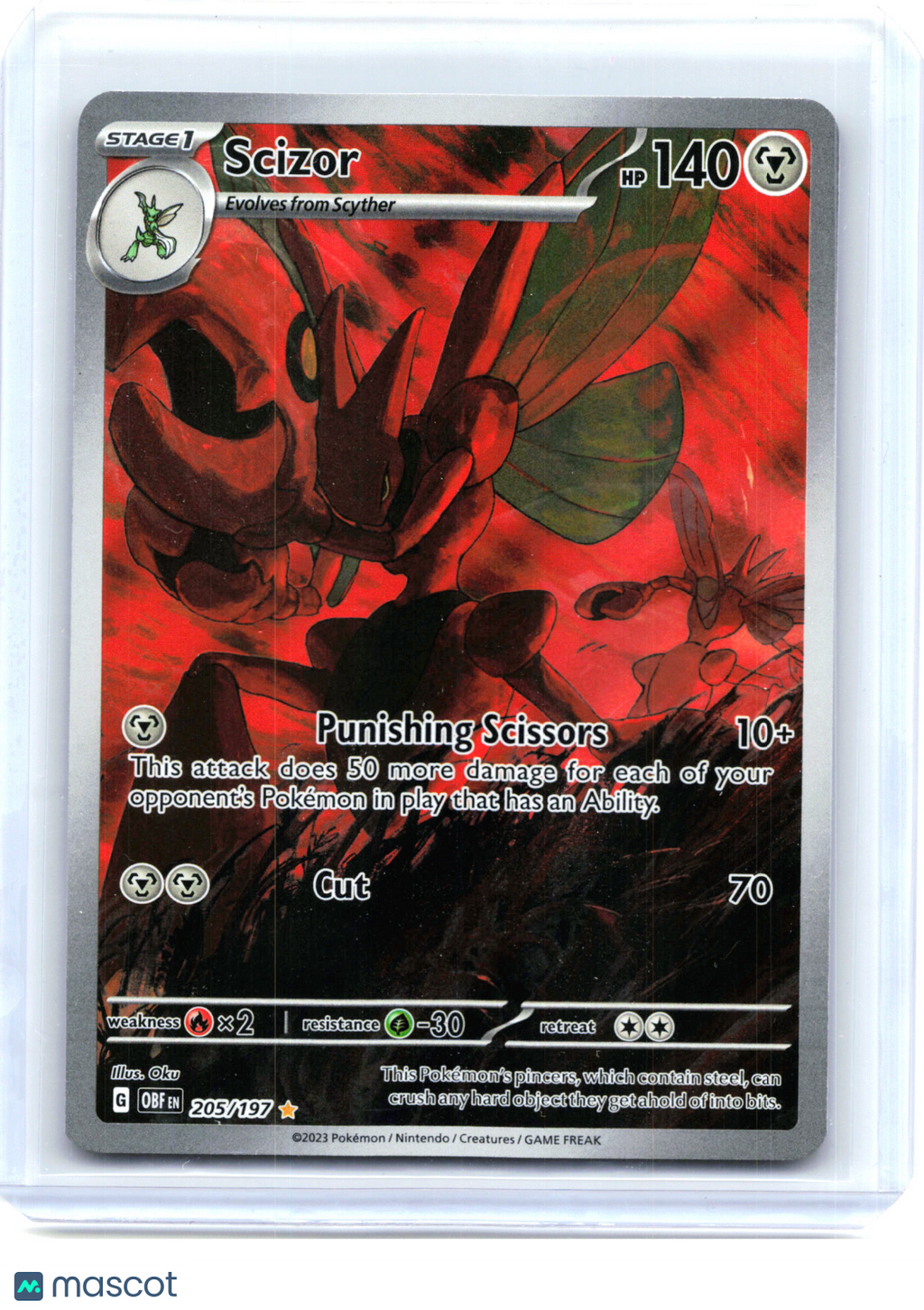 2023 Pokemon—Scizor #205/197 Obsidian Flames—Illustration Rare Holo