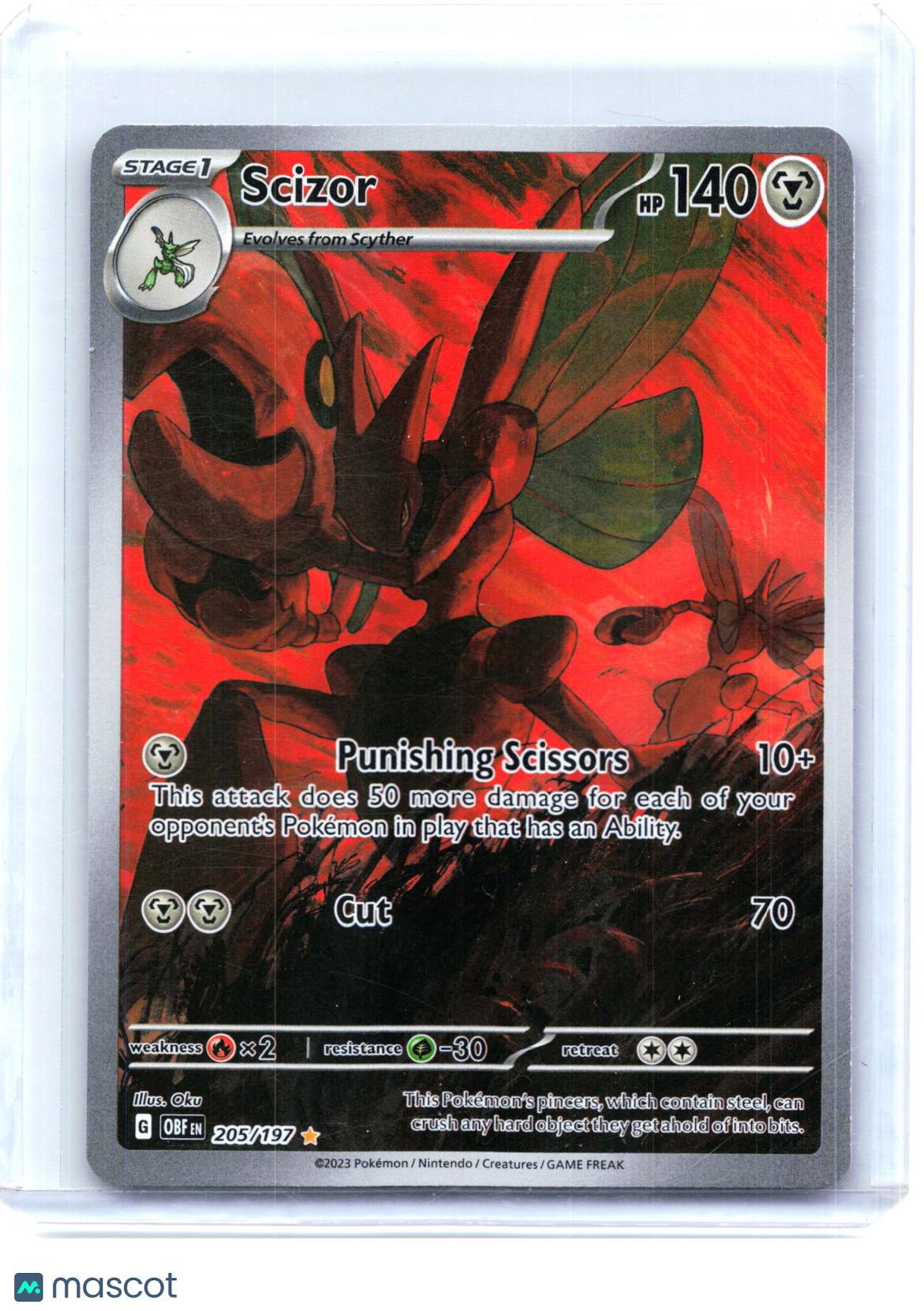 2023 Pokemon—Scizor #205/197 Obsidian Flames—Illustration Rare Holo
