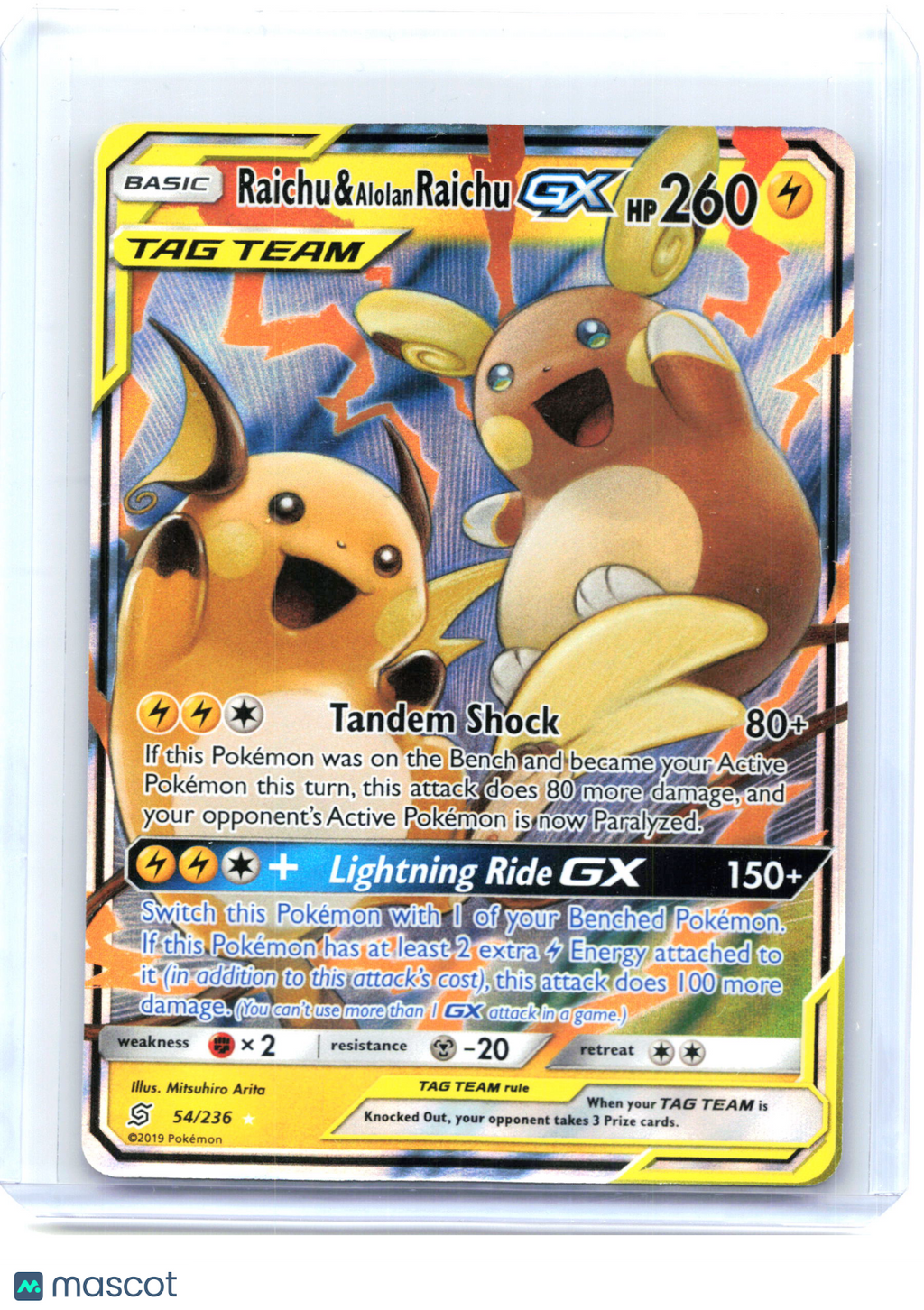 2019 Pokemon—Raichu & Alolan Raichu GX #54/236 Unified Minds—Ultra Rare Holo