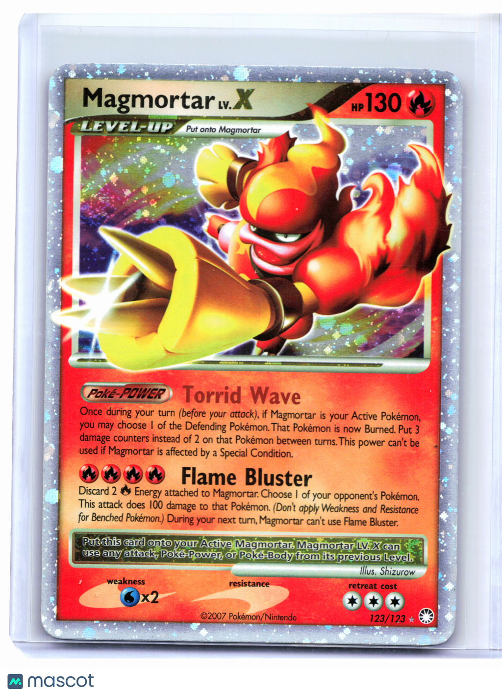 2007 Pokemon—Magmortar LV.X #123/123 Mysterious Treasures—Ultra Rare Holo [DMG]