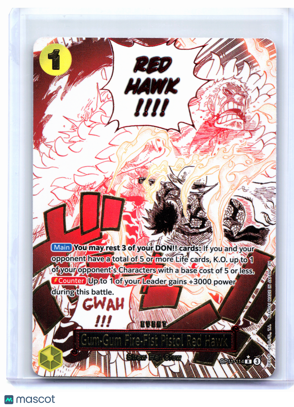 2025 One Piece—Gum-Gum Fire-Fist Pistol Red Hawk (Alt Art) #OP11-114—Rare Foil