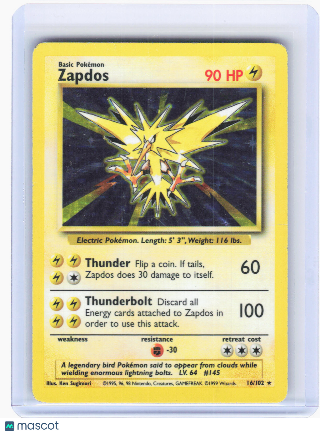 1999 Pokemon—Zapdos #16/102 Base Set—Rare Holo [Damaged]