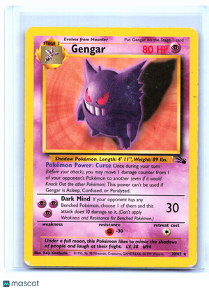 1999 Pokemon—Gengar #20/62 Fossil—Rare Nonholo [Damaged]