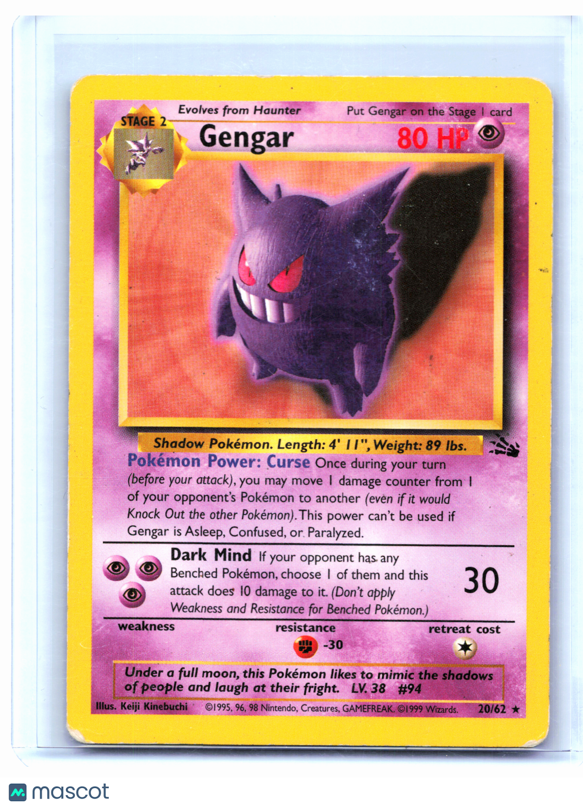 1999 Pokemon—Gengar #20/62 Fossil—Rare Nonholo [Damaged]