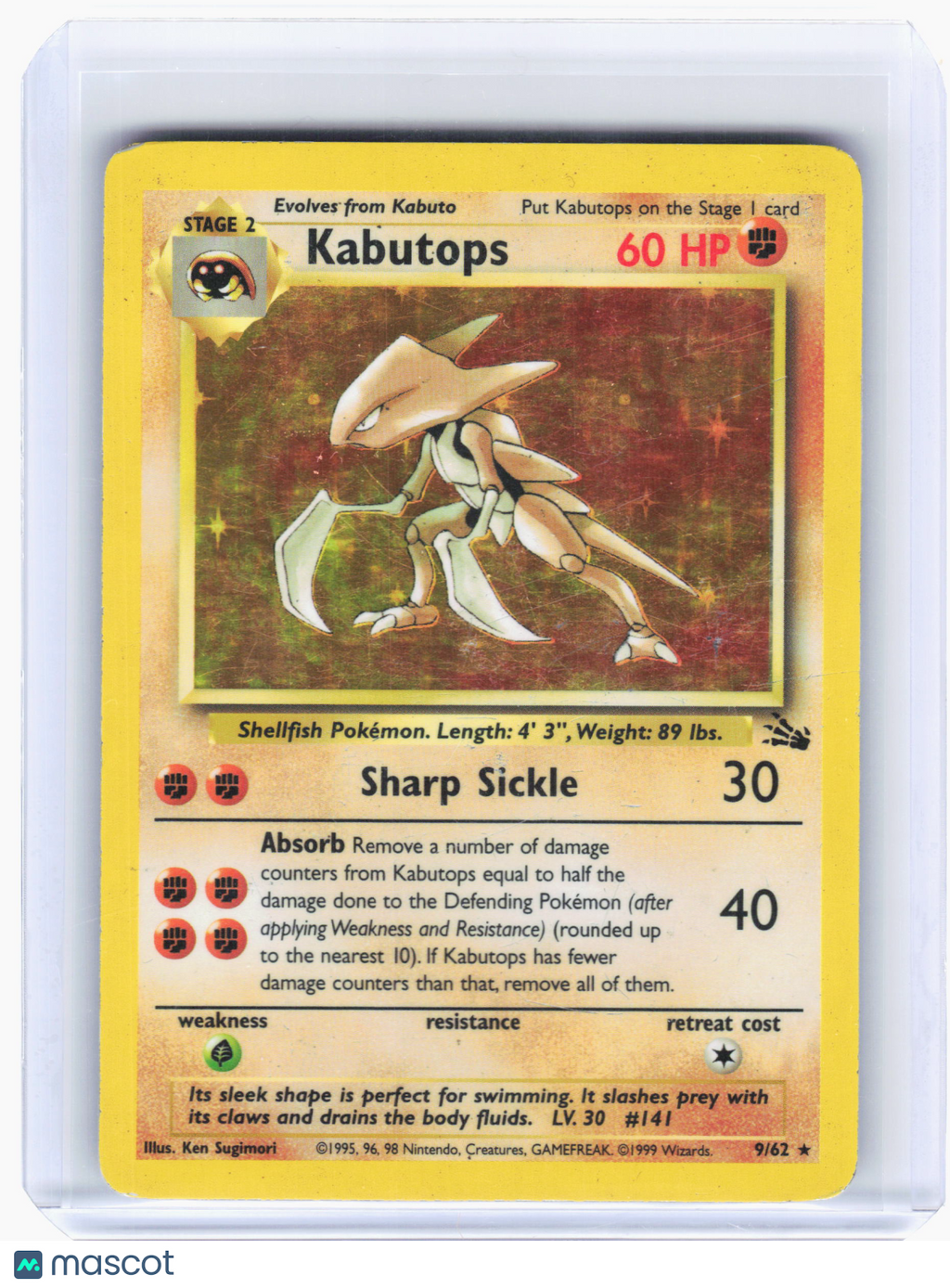 1999 Pokemon—Kabutops #9 Fossil—Holo Rare [Damaged]