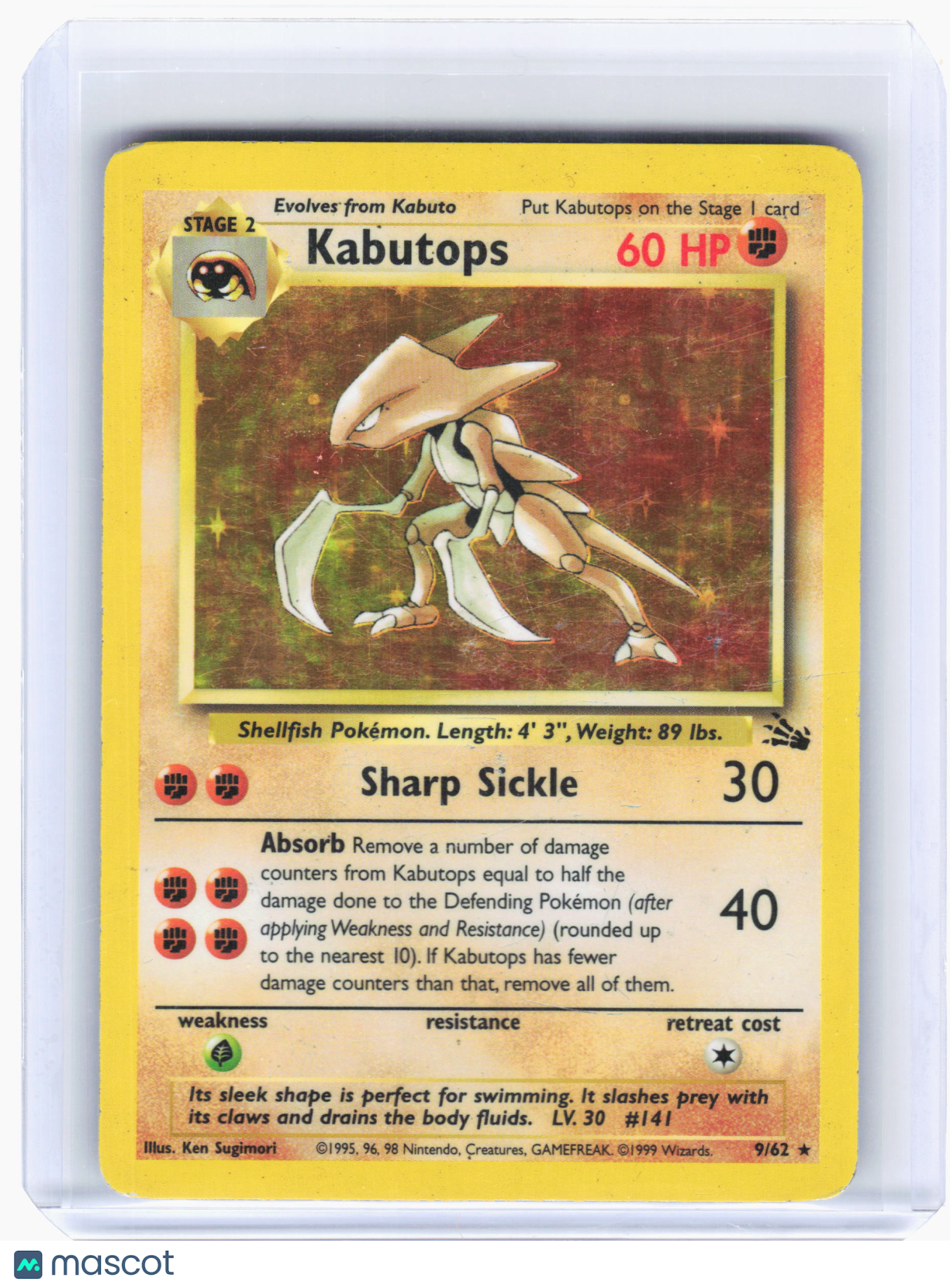 1999 Pokemon—Kabutops #9 Fossil—Holo Rare [Damaged]