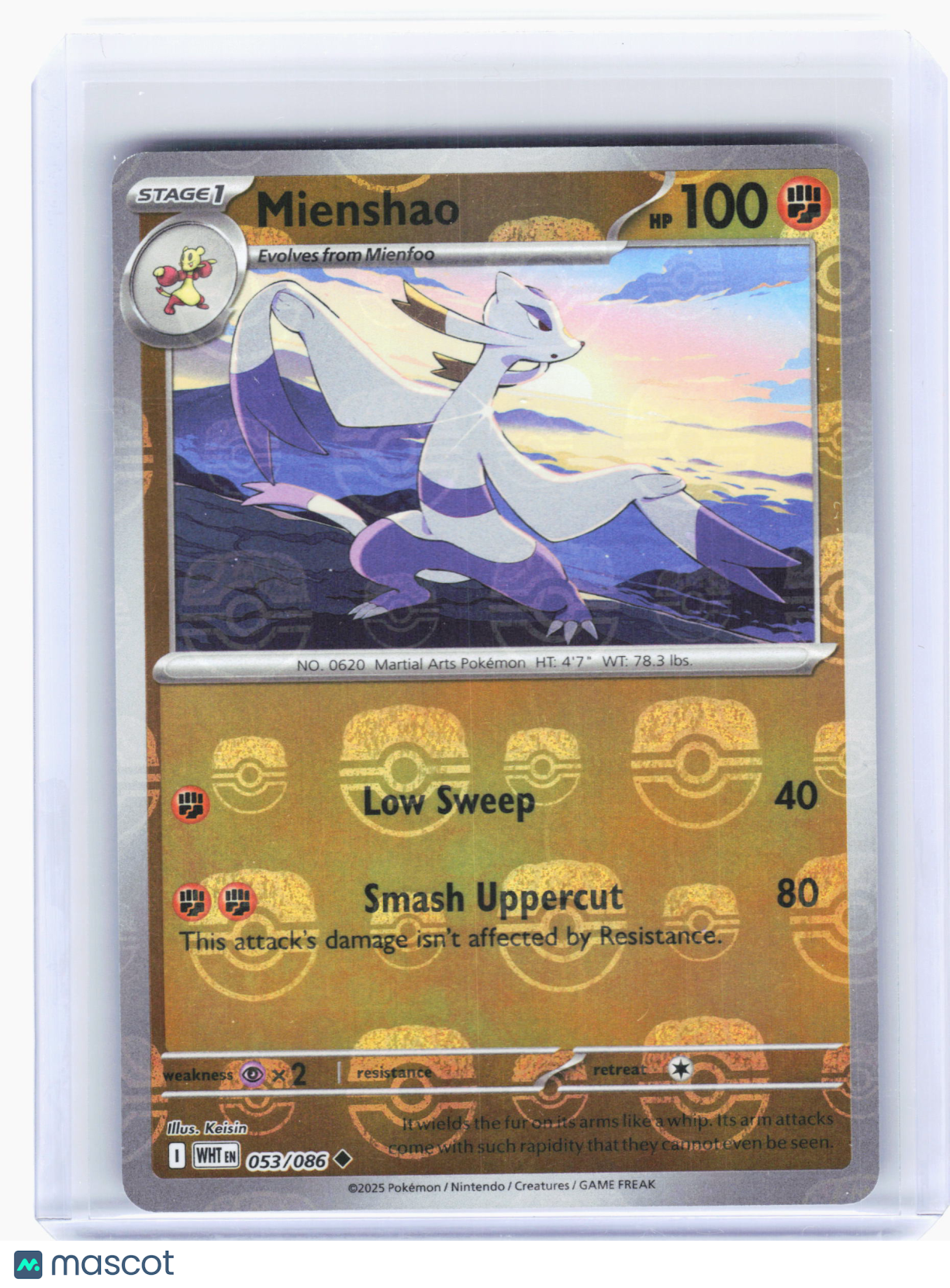 2025 Pokemon—Mienshao #53 White Flare—Uncommon Reverse Holo (Master Ball Stamp)