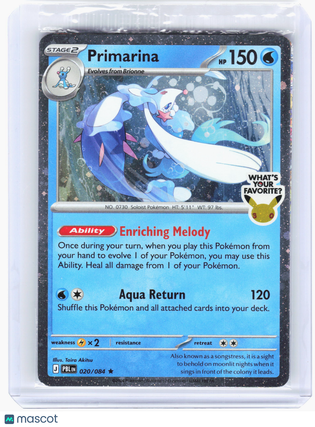2026 Pokemon—Primarina #20—Rare Holo (Sealed) (What's Your Favorite Stamp)
