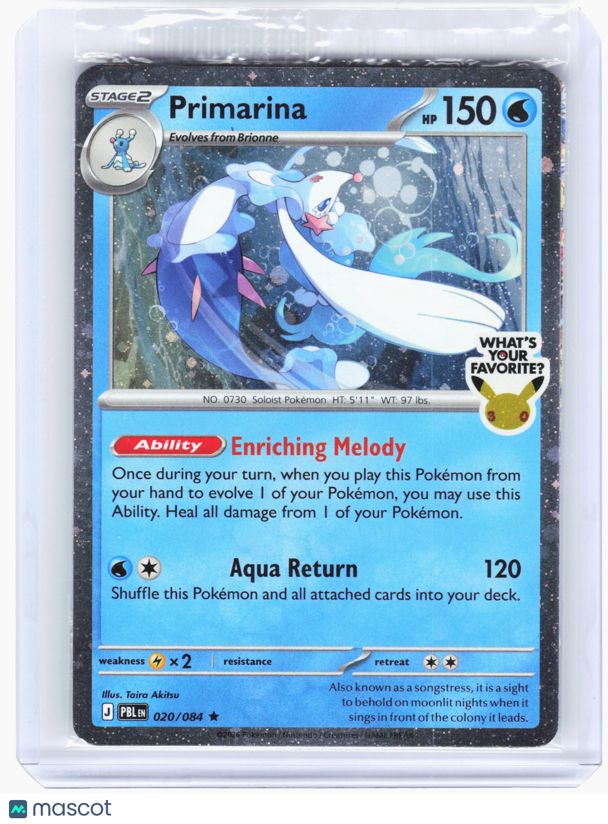 2026 Pokemon—Primarina #20—Rare Holo (Sealed) (What's Your Favorite Stamp)