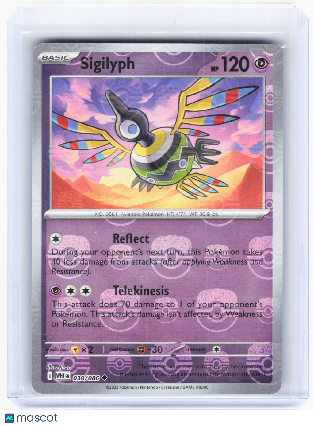 2025 Pokemon—Sigilyph #38 White Flare—Uncommon Reverse Holo (Master Ball)