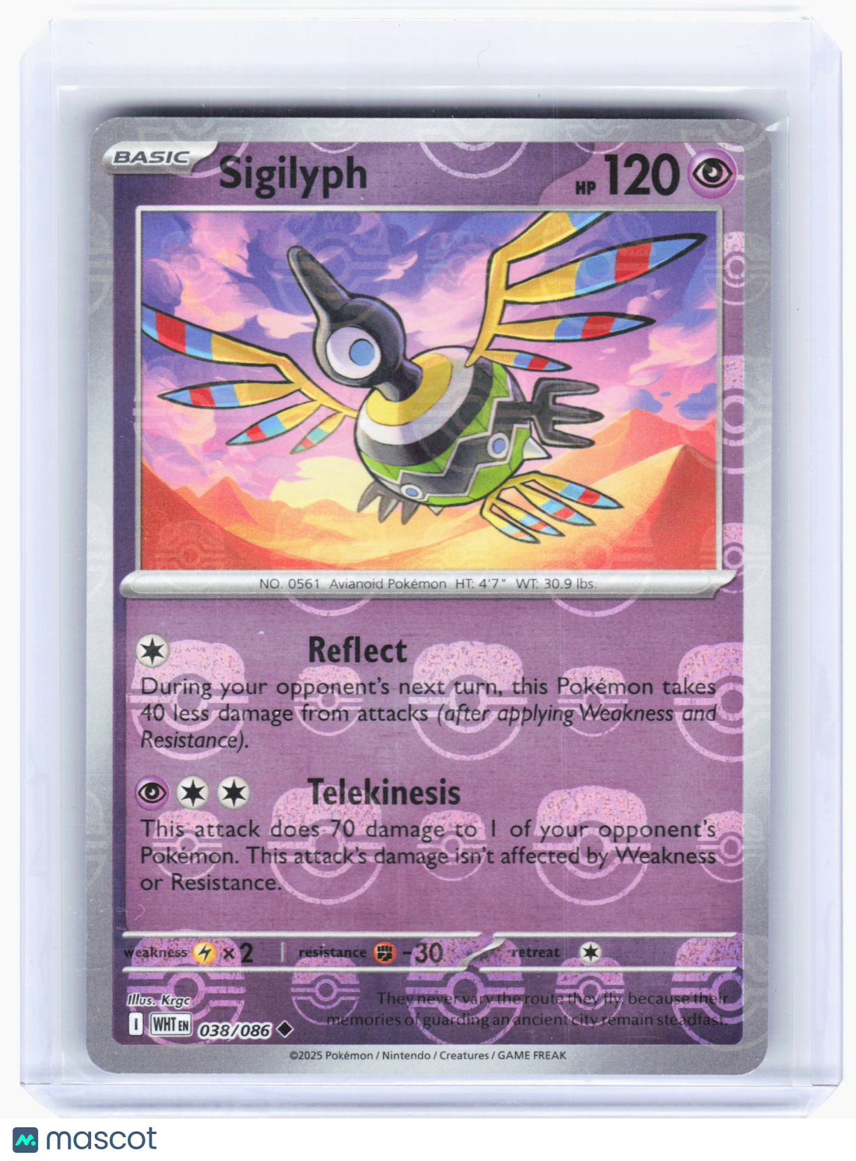 2025 Pokemon—Sigilyph #38 White Flare—Uncommon Reverse Holo (Master Ball)