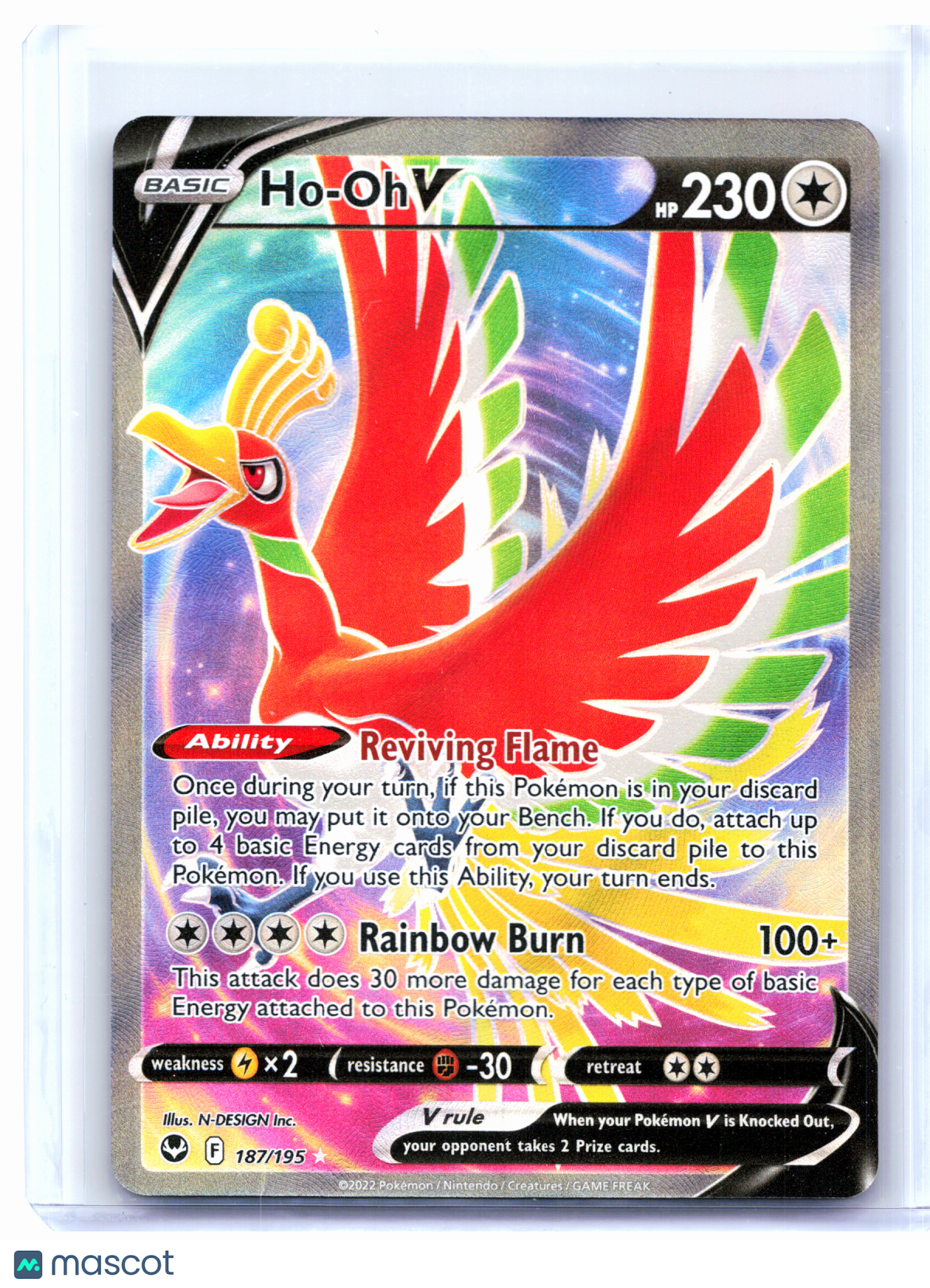 2022 Pokemon—Ho-Oh V (Full Art) #187/195 Silver Tempest—Ultra Rare Holo