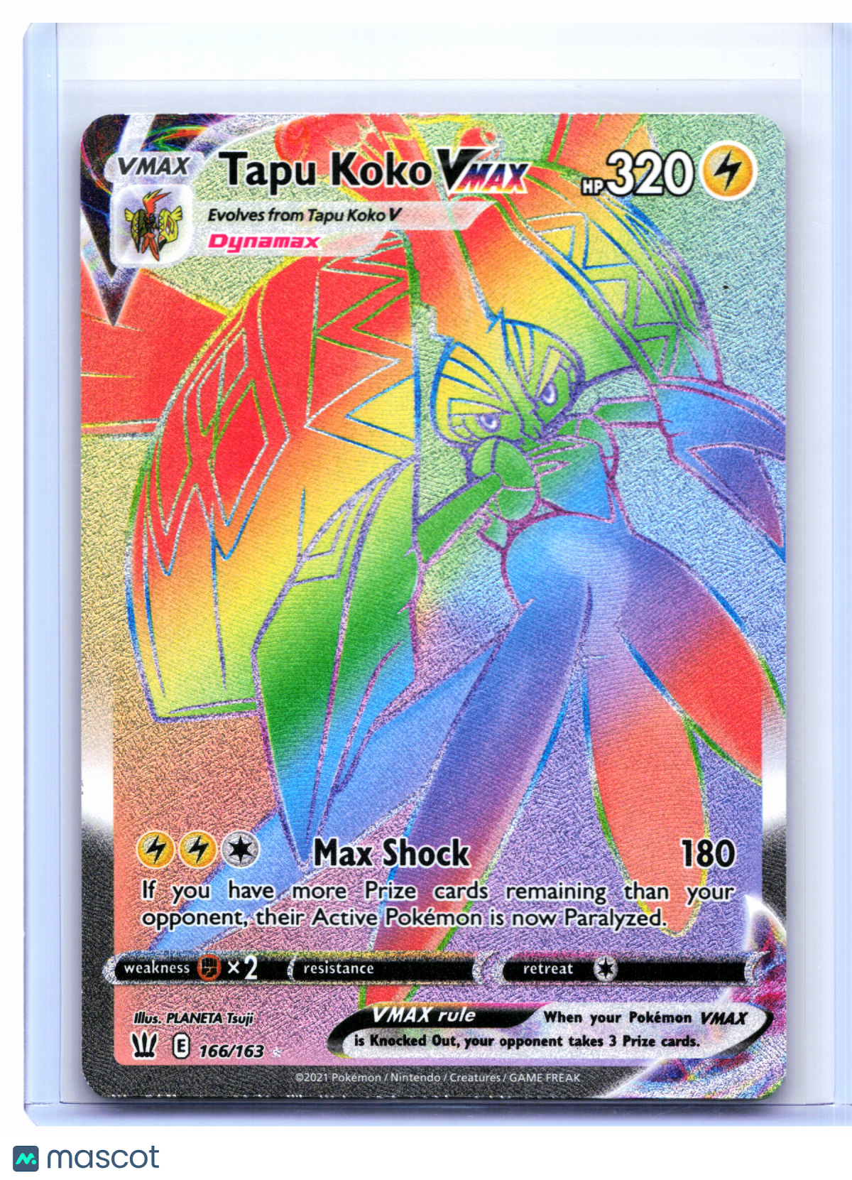 2021 Pokemon—Tapu Koko VMAX #166/163 Battle Styles—Secret Rare Rainbow