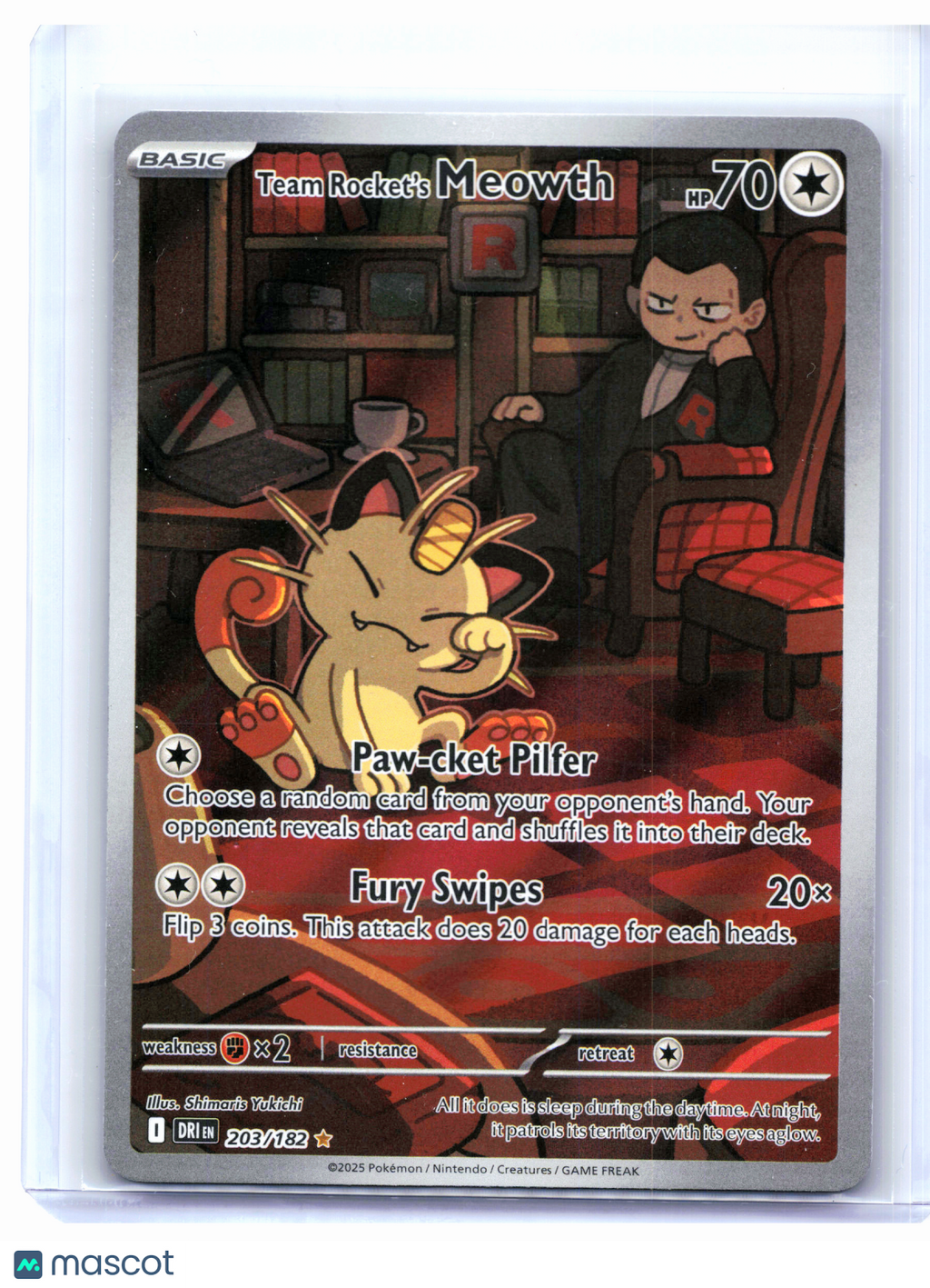 2025 Pokemon—Team Rocket's Meowth #203/182 Destined Rivals—Illustration Rare