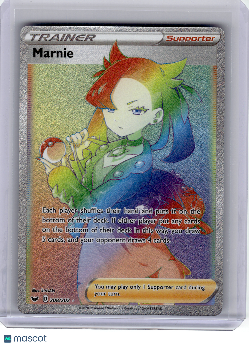 2020 Pokemon—Marnie #208 Sword & Shield Base Set—Secret Rare Rainbow