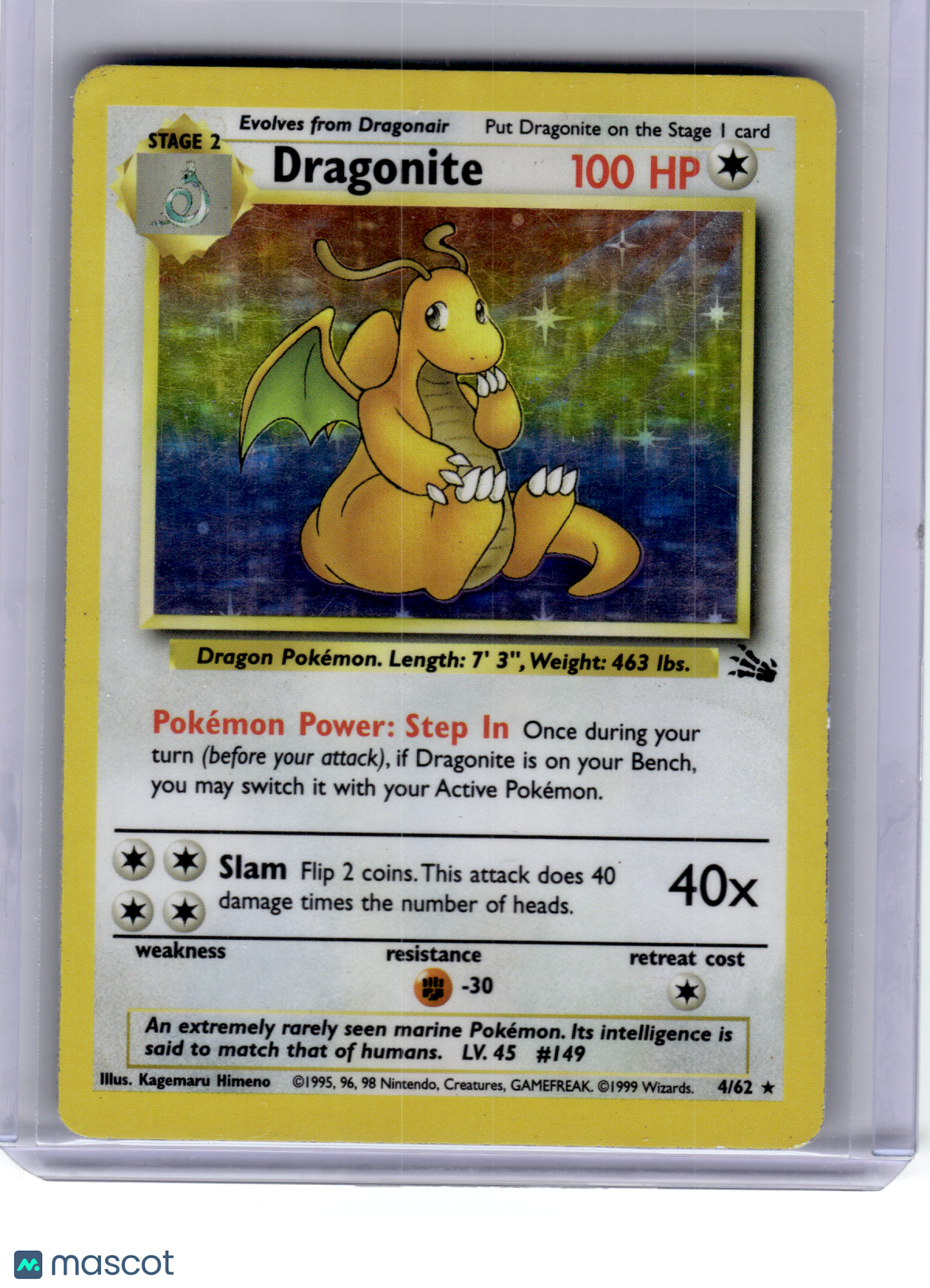 1999 Pokemon—Dragonite #4 Fossil—Rare Holo [Damage]