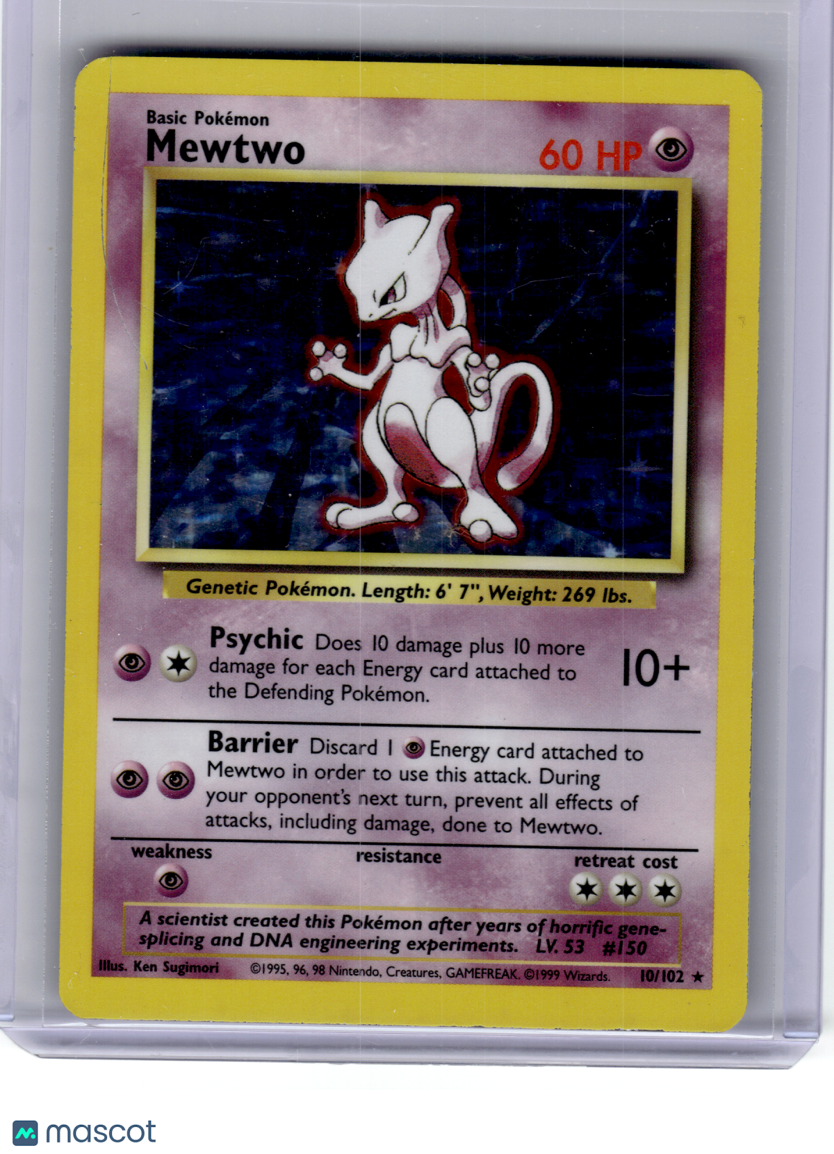 1999 Pokemon—Mewtwo #10 Base Set—Rare Holo [Heavily Played]
