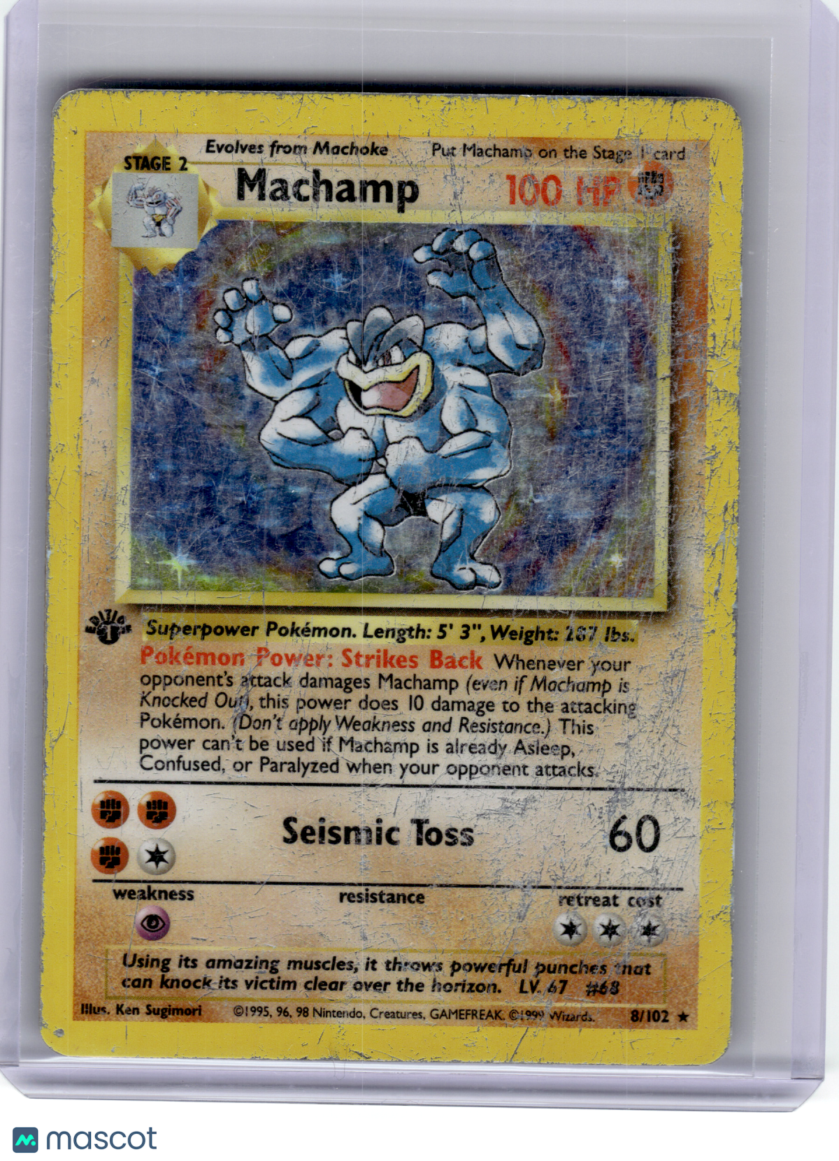 1999 Pokemon—Machamp #8 Base Set—Rare Holo [Damage] (1st Edition)