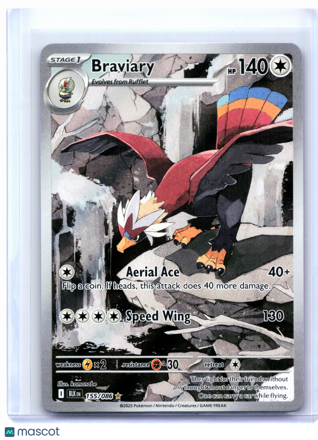 2025 Pokemon—Braviary #155/086 Black Bolt—Illustration Rare Holo