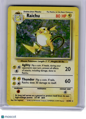 1999 Pokemon—Raichu #14 Base Set—Rare Holo [Damaged]