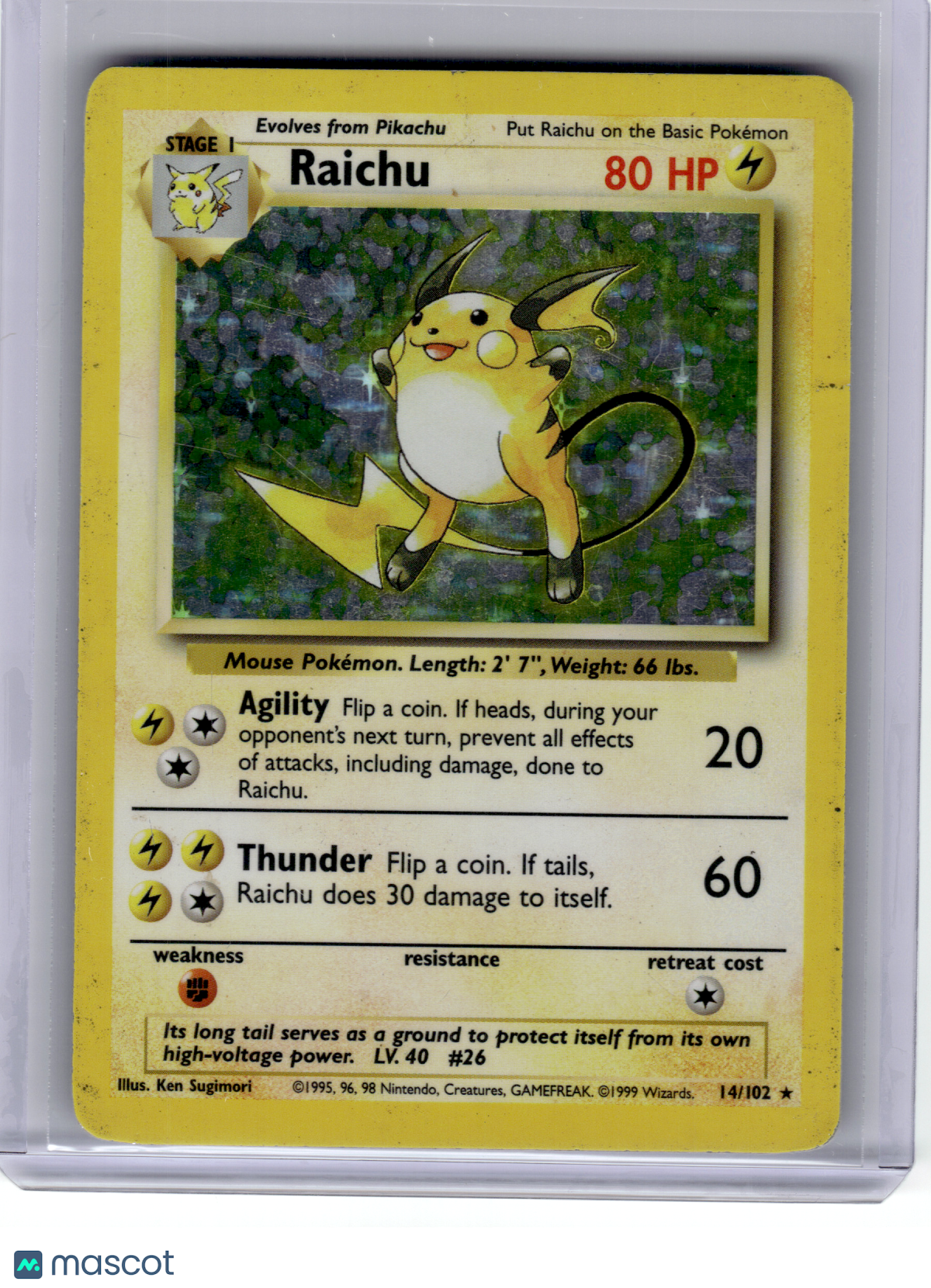 1999 Pokemon—Raichu #14 Base Set—Rare Holo [Damaged]
