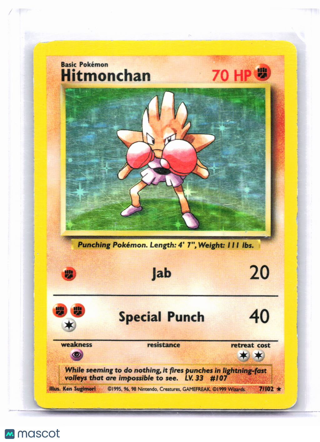 1999 Pokemon—Hitmonchan #7/102 Base Set—Holo Rare [Heavily Played]