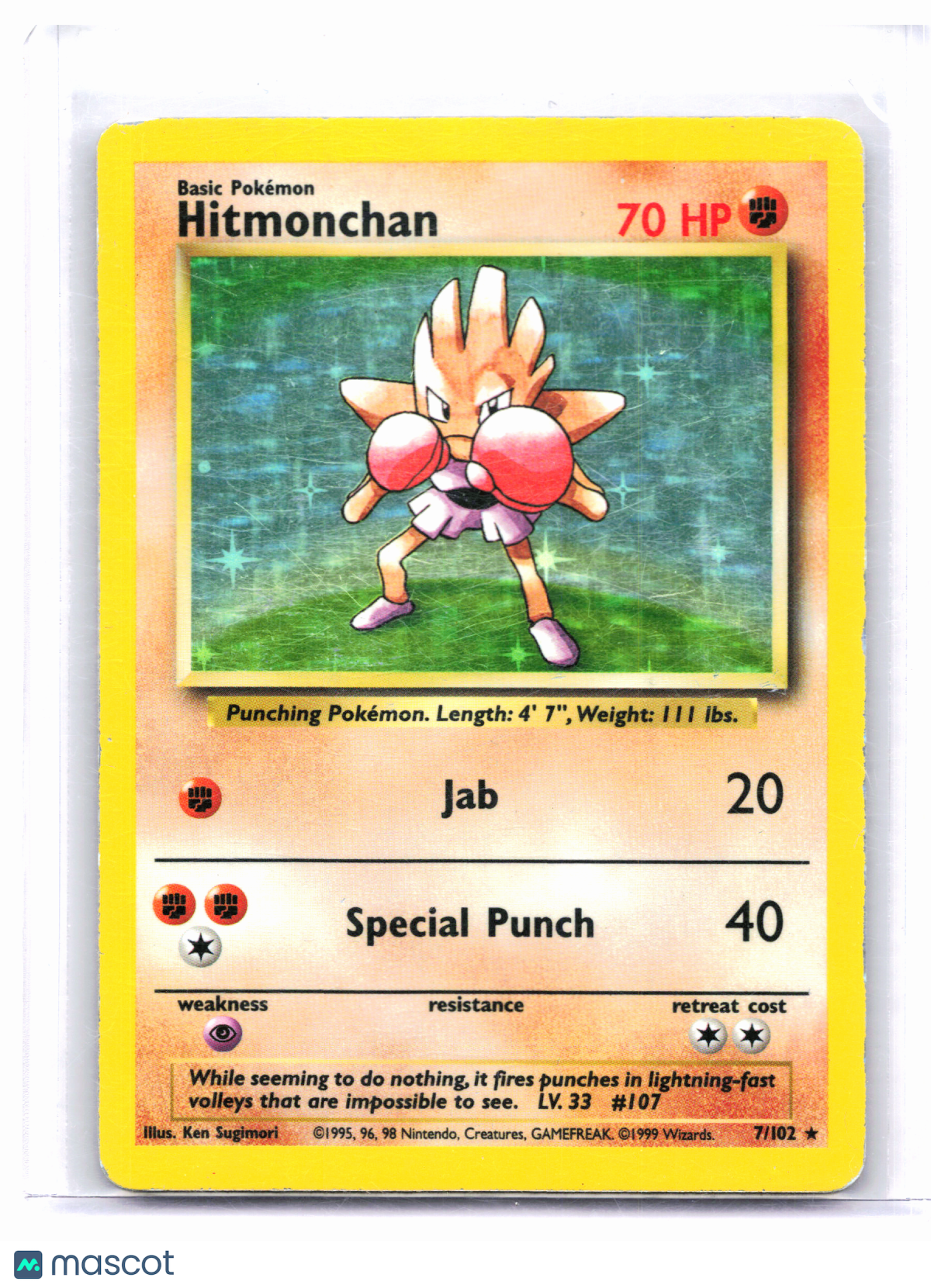 1999 Pokemon—Hitmonchan #7/102 Base Set—Holo Rare [Heavily Played]