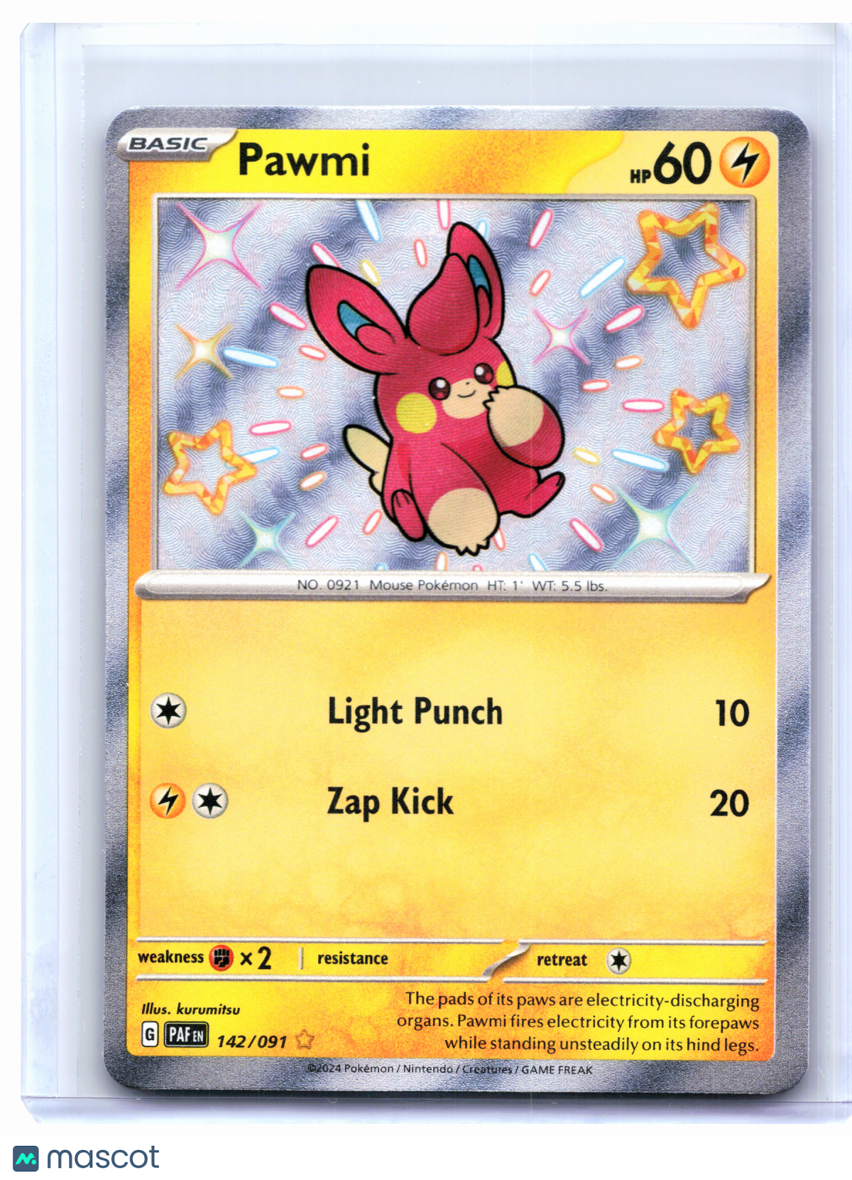 2024 Pokemon—Pawmi #142/091 Paldean Fates—Shiny Rare Holo