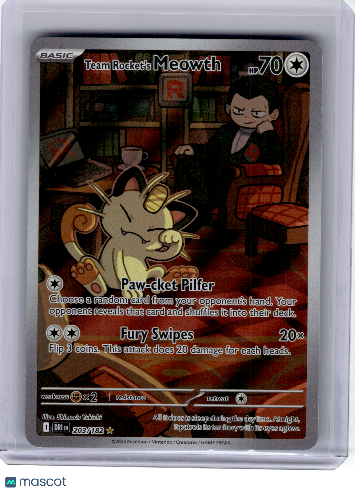 2025 Pokemon—Team Rocket's Meowth #203 Destined Rivals—Illustration Rare Holo
