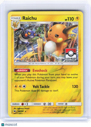 2017 Pokemon—Raichu (1st Place) #41/147 League & Championship Cards—Promo Holo