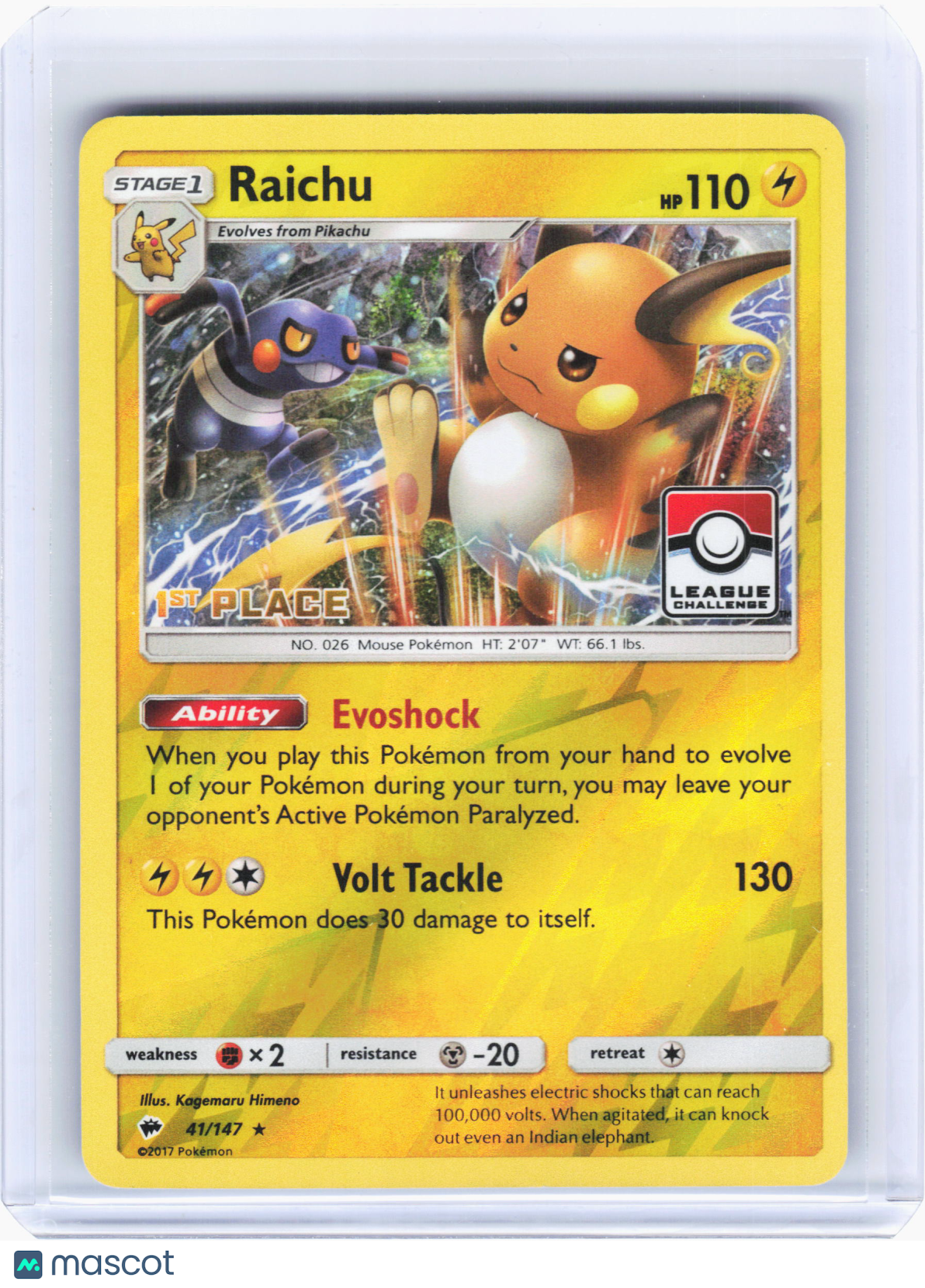 2017 Pokemon—Raichu (1st Place) #41/147 League & Championship Cards—Promo Holo