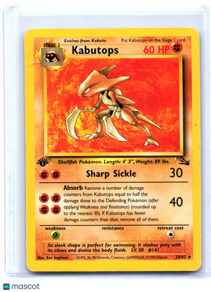 1999 Pokemon—Kabutops #24/62 Fossil—Rare Nonholo (1st Edition) [Damaged]